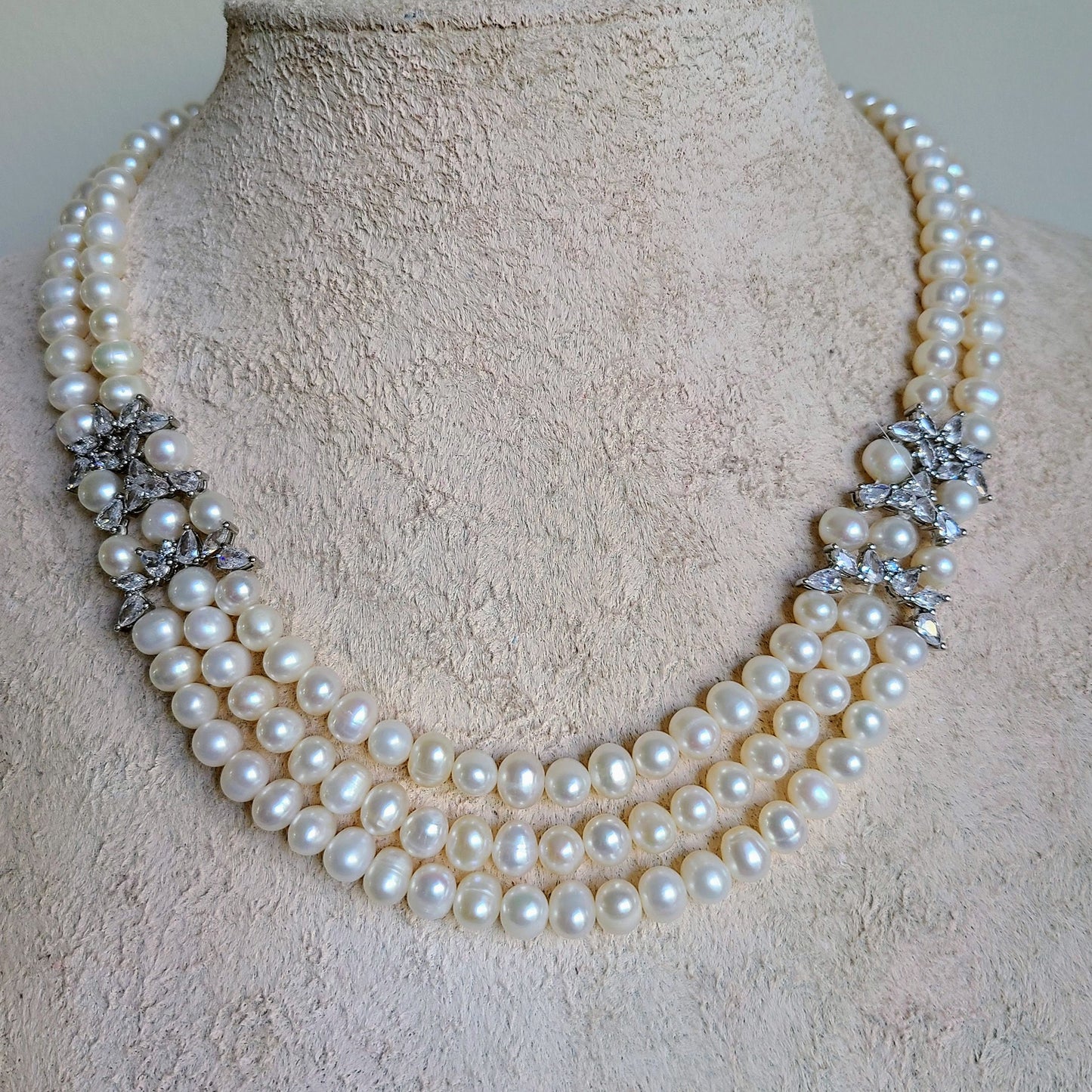 Freshwater pearl necklace, 3 strand pearl necklace, white freshwater pearl, mother of bride necklace, pearl and zircon jewelry, 7mm pearl