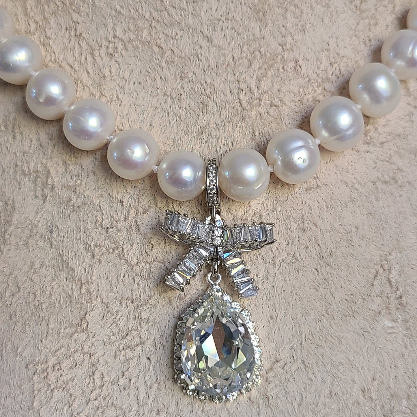 Genuine freshwater pearl necklace, hand knotted, crystal pendant necklace, 10mm natural pearl, wedding jewelry, mother of bride jewelry