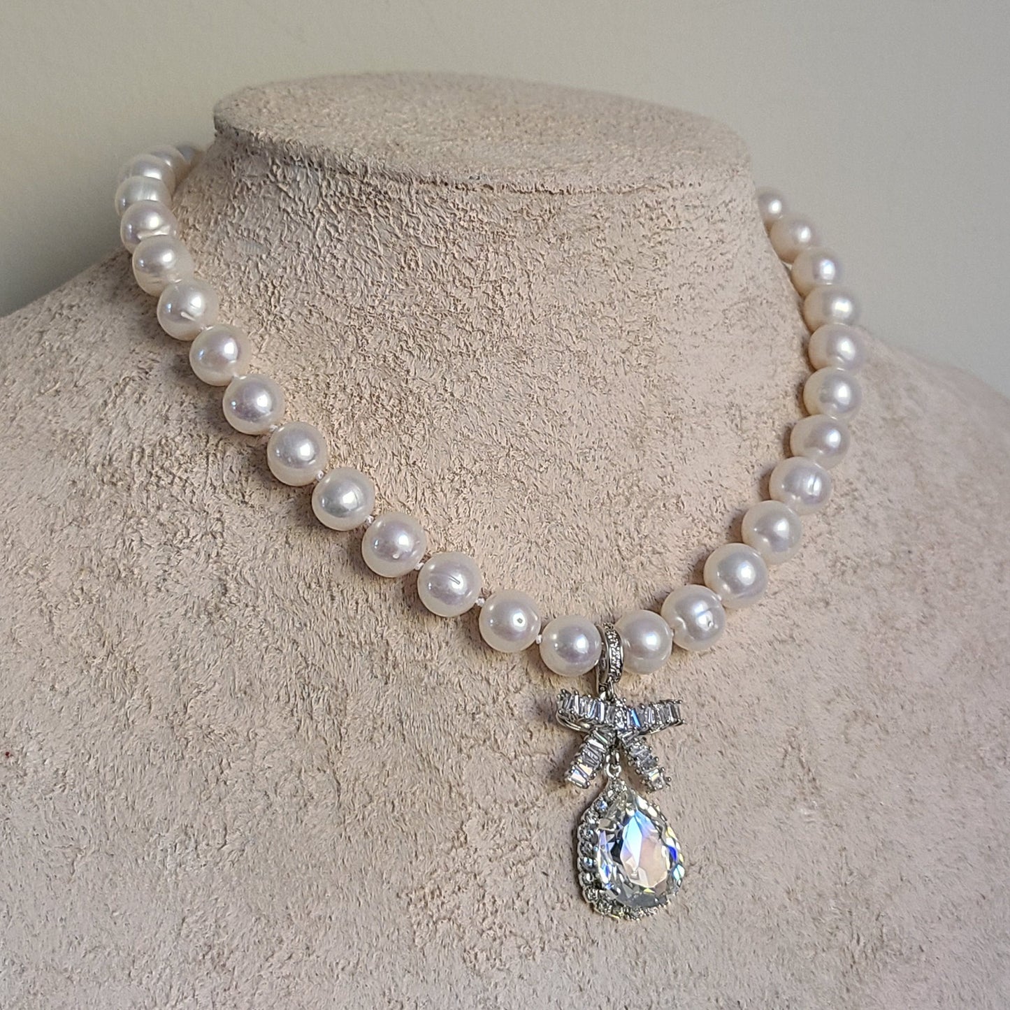 Genuine freshwater pearl necklace, hand knotted, crystal pendant necklace, 10mm natural pearl, wedding jewelry, mother of bride jewelry