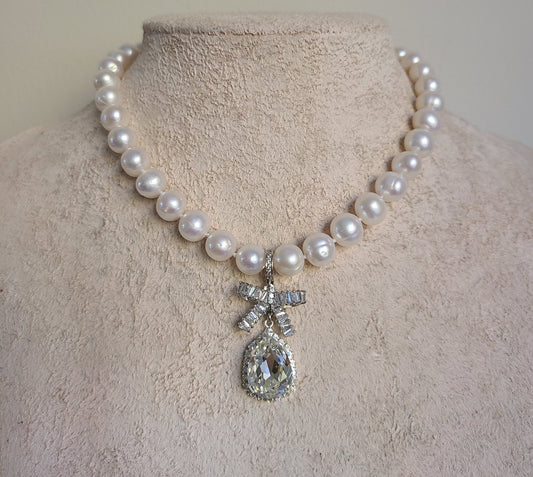 Genuine freshwater pearl necklace, hand knotted, crystal pendant necklace, 10mm natural pearl, wedding jewelry, mother of bride jewelry