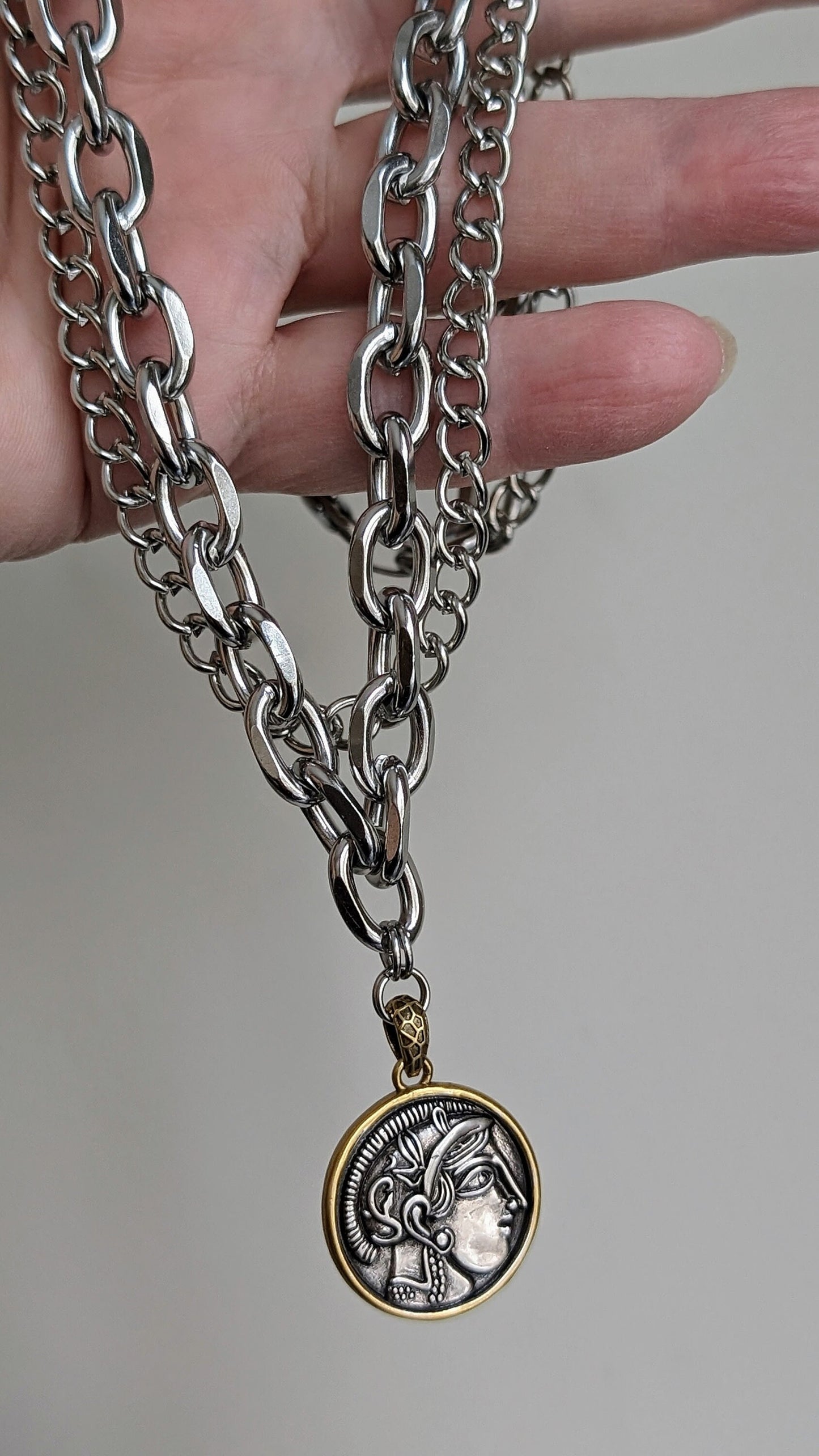 Stainless steel coin necklace set, double layer necklace, cuban curb chain choker, chunky silver chain, boho necklace, non tarnish choker