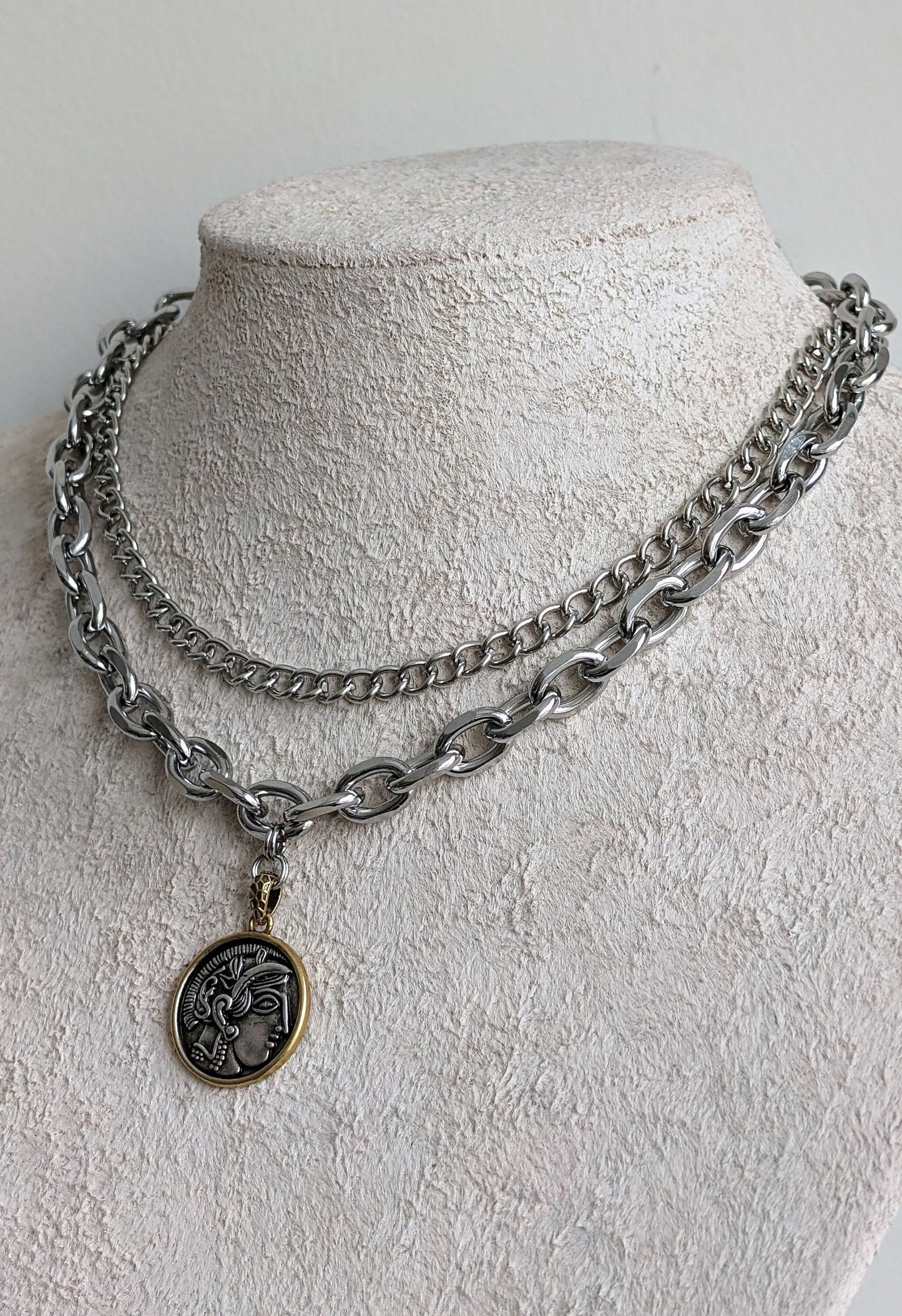 Stainless steel coin necklace set, double layer necklace, cuban curb chain choker, chunky silver chain, boho necklace, non tarnish choker