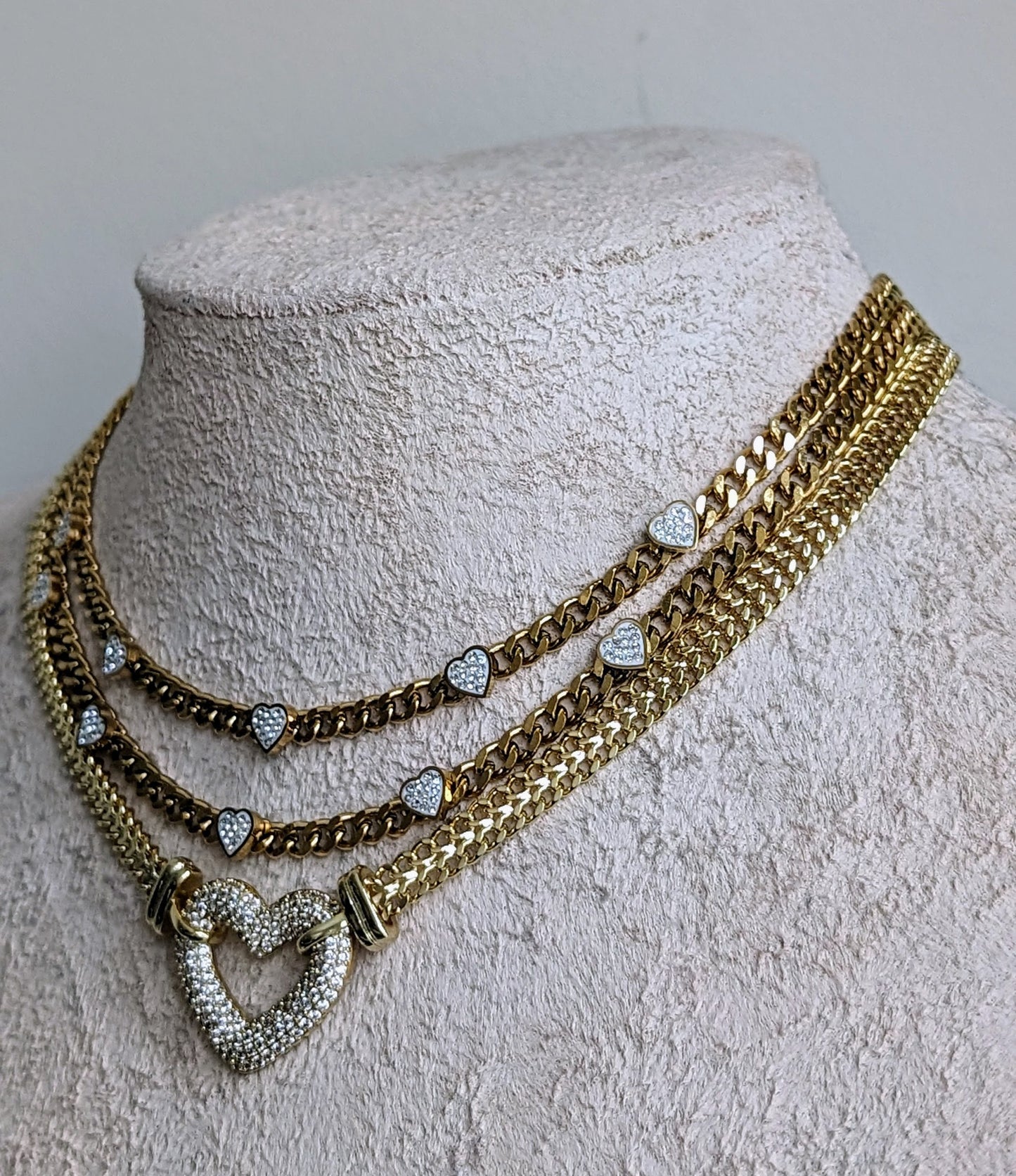 Layered gold chain necklace with heart pendant, chunky diamond heart necklace set, boho statement necklace, minimalistic charm jewelry