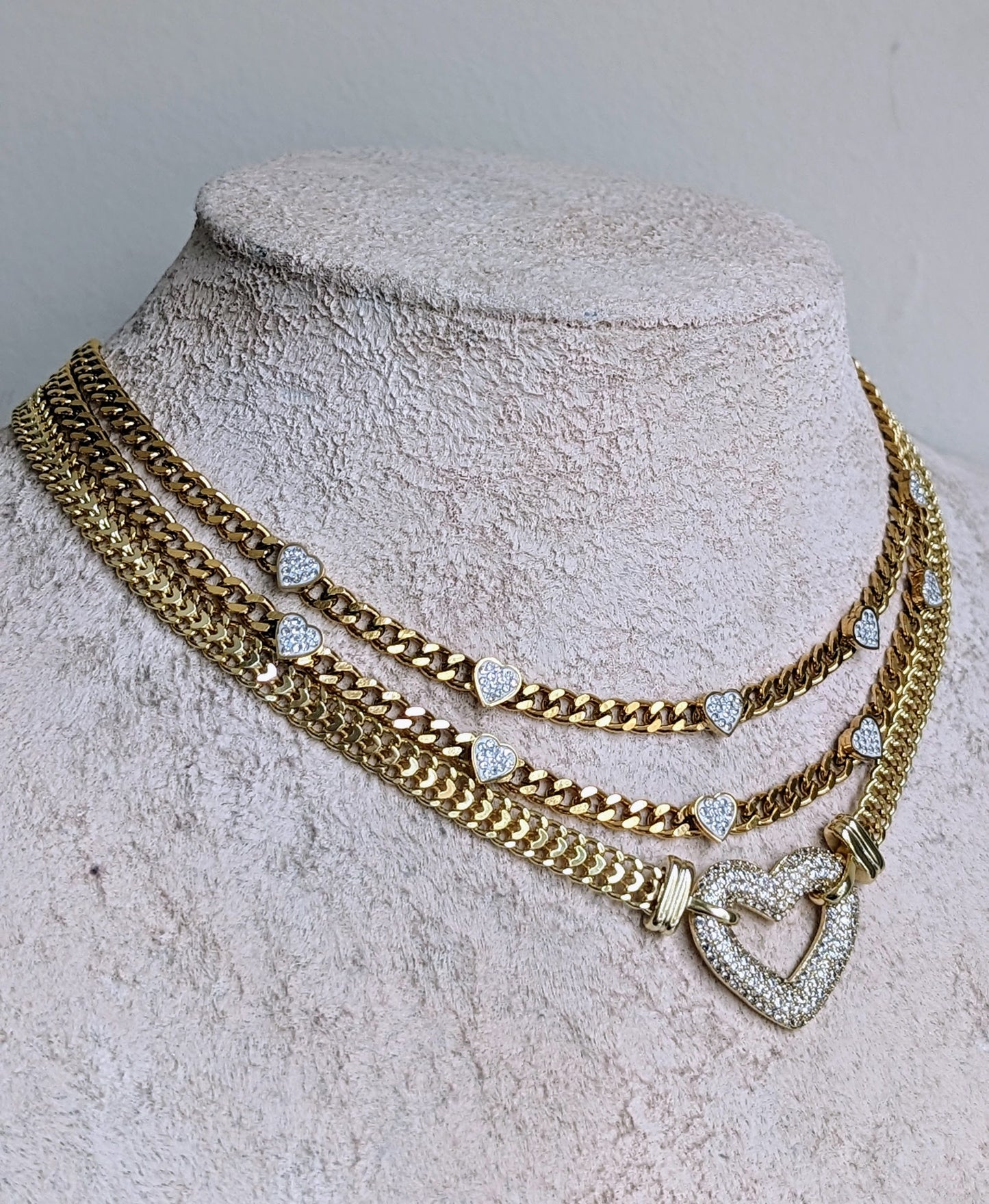 Layered gold chain necklace with heart pendant, chunky diamond heart necklace set, boho statement necklace, minimalistic charm jewelry