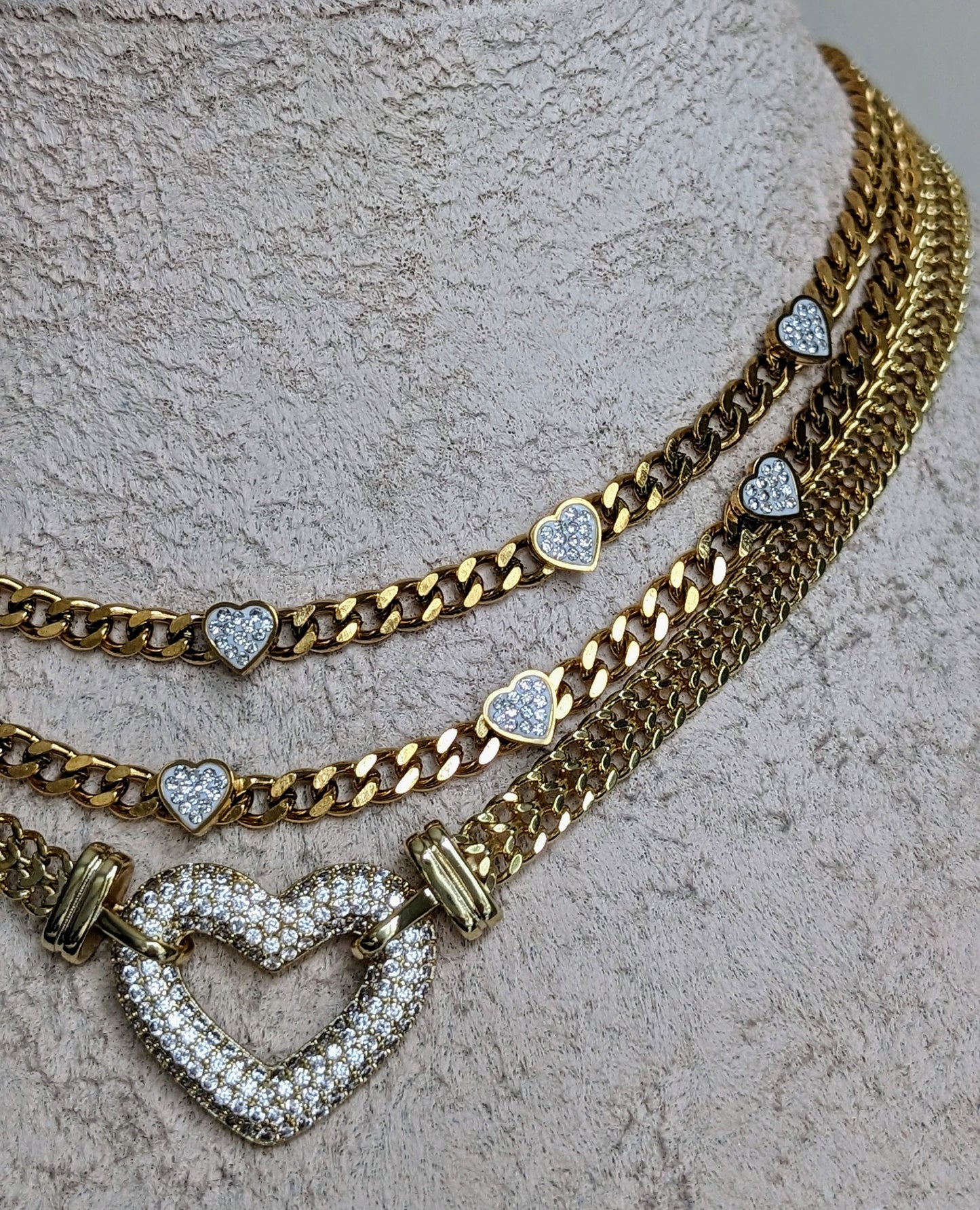 Layered gold chain necklace with heart pendant, chunky diamond heart necklace set, boho statement necklace, minimalistic charm jewelry