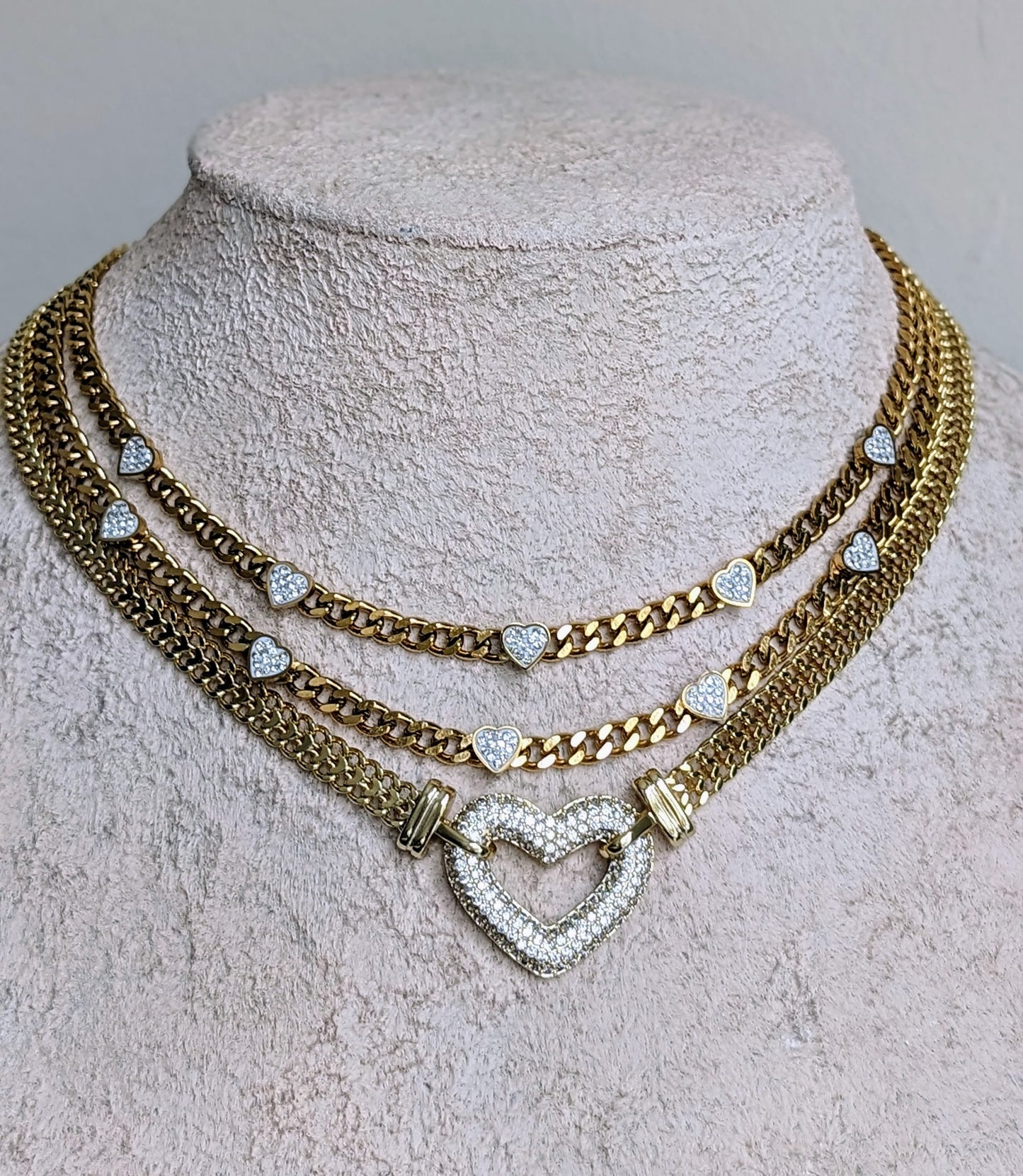 Layered gold chain necklace with heart pendant, chunky diamond heart necklace set, boho statement necklace, minimalistic charm jewelry