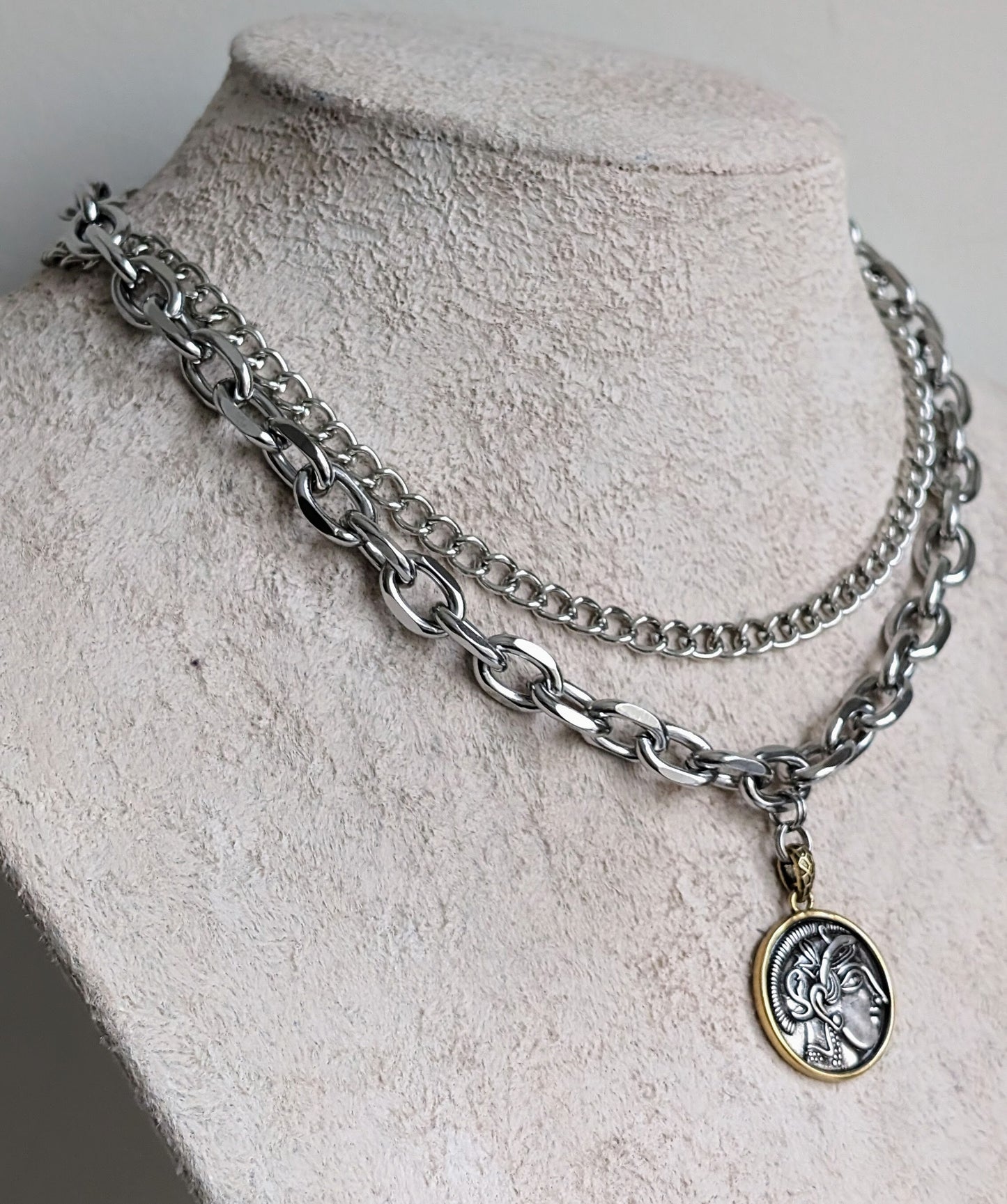 Stainless steel coin necklace set, double layer necklace, cuban curb chain choker, chunky silver chain, boho necklace, non tarnish choker