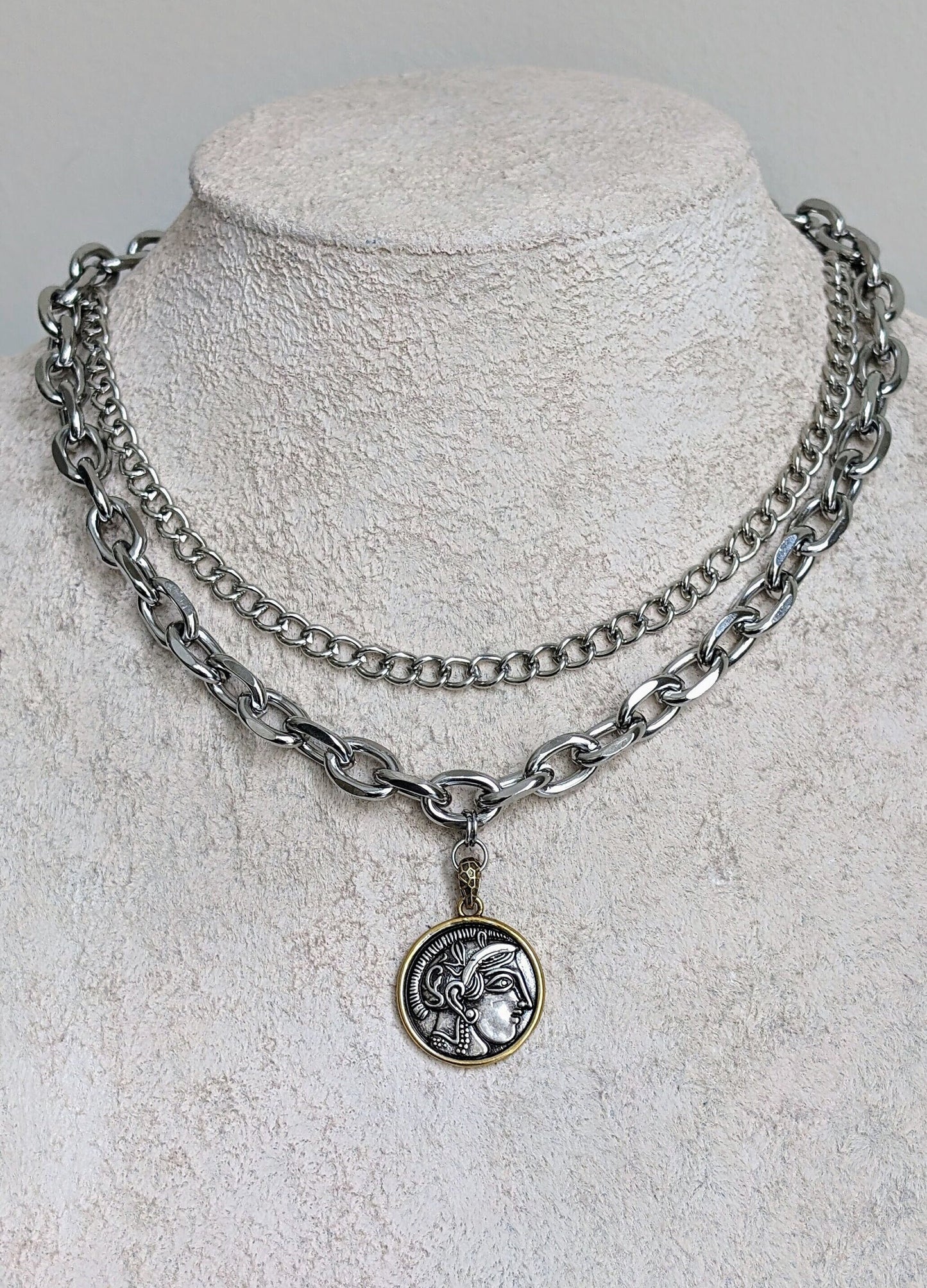 Stainless steel coin necklace set, double layer necklace, cuban curb chain choker, chunky silver chain, boho necklace, non tarnish choker