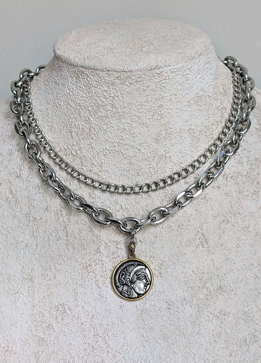 Stainless steel coin necklace set, double layer necklace, cuban curb chain choker, chunky silver chain, boho necklace, non tarnish choker