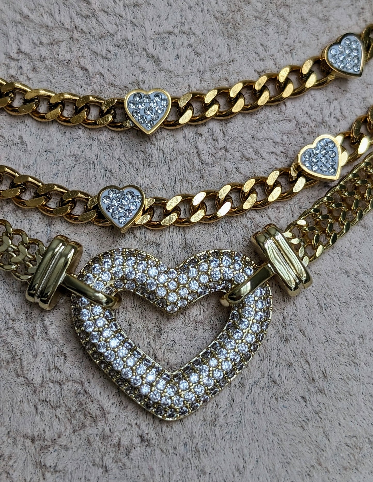 Layered gold chain necklace with heart pendant, chunky diamond heart necklace set, boho statement necklace, minimalistic charm jewelry