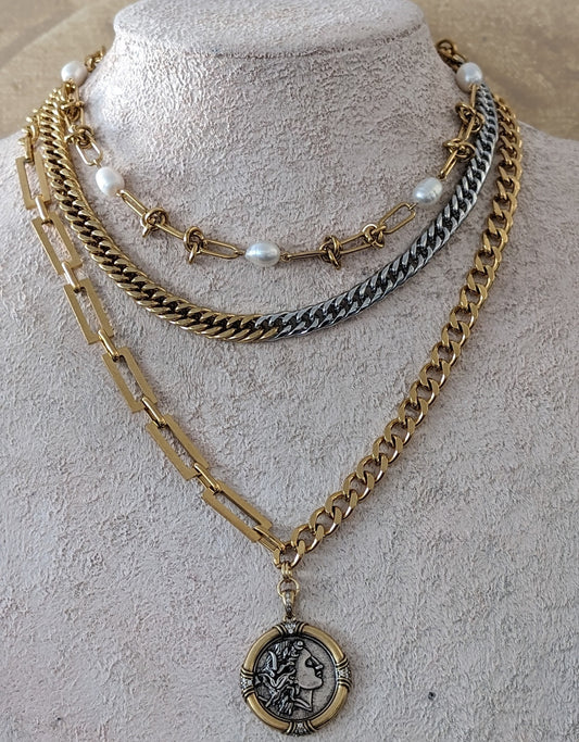 Layered chunky gold chain coin pendant necklace, knotted wire chain and pearl choker, two toned mixed metal jewelry, water resistant gift