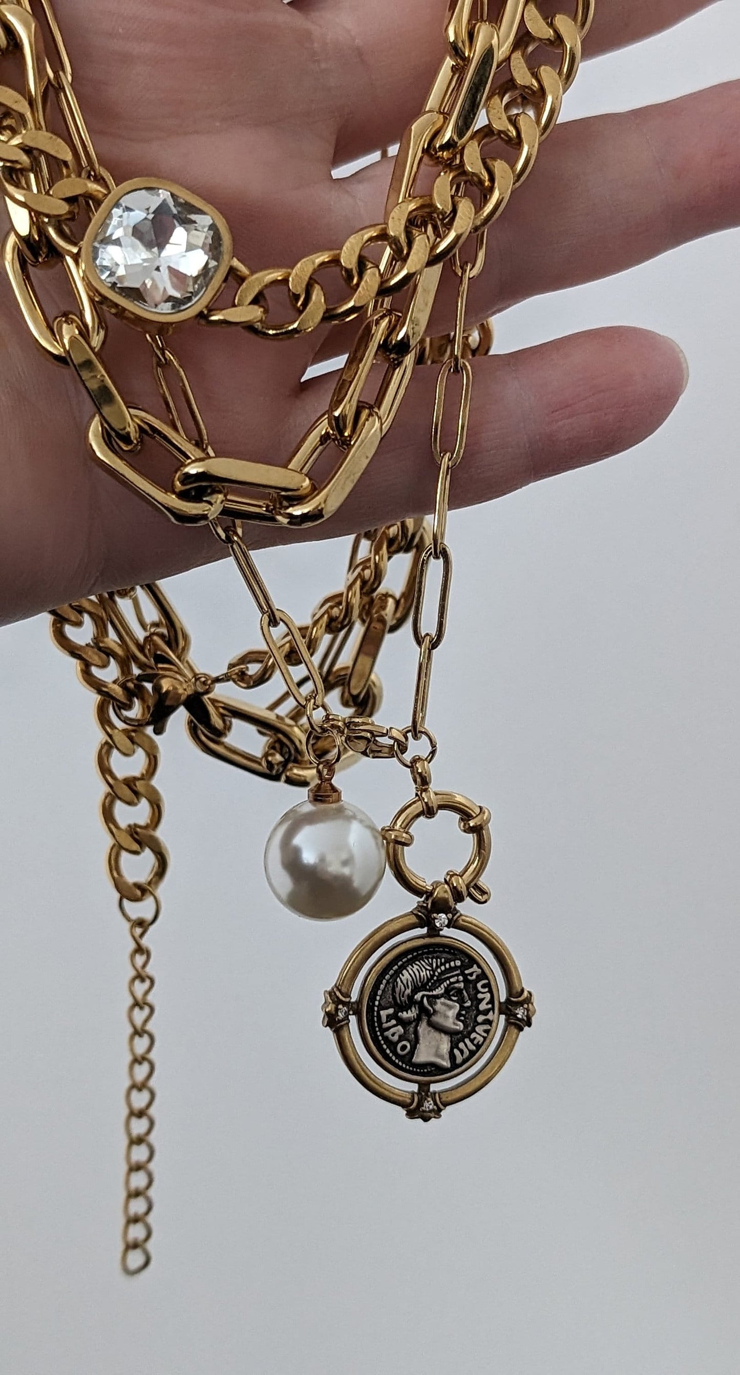 Layered chunky gold chain coin necklace set, ancient medallion paperclip necklace, curb chain diamond choker, multi strand chunky chain set