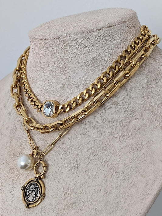 Layered chunky gold chain coin necklace set, ancient medallion paperclip necklace, curb chain diamond choker, multi strand chunky chain set