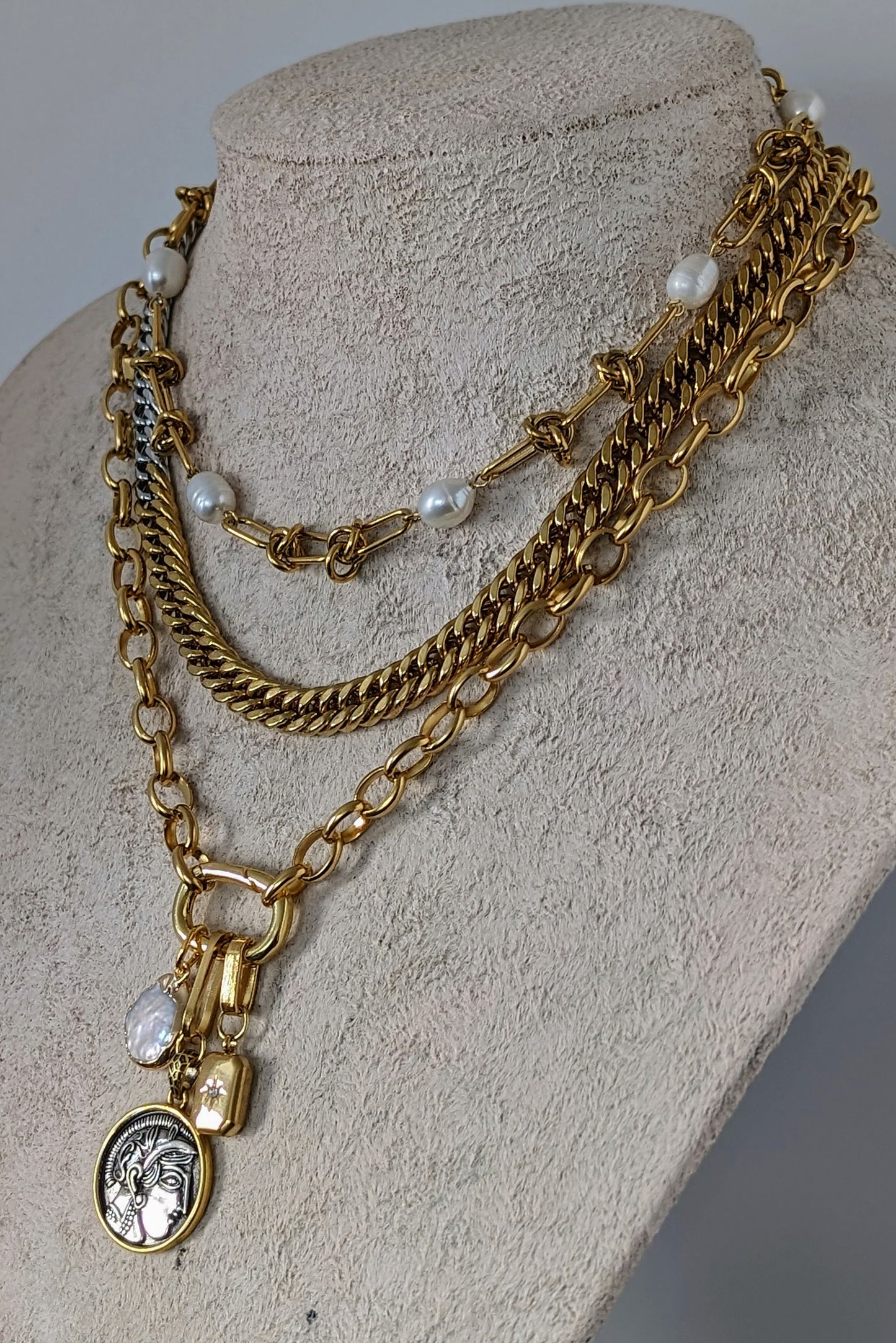 Layered chunky chain coin necklace set, ancient coin pendant, knotted wire and freshwater pearl chain choker, two tone curb chain necklace