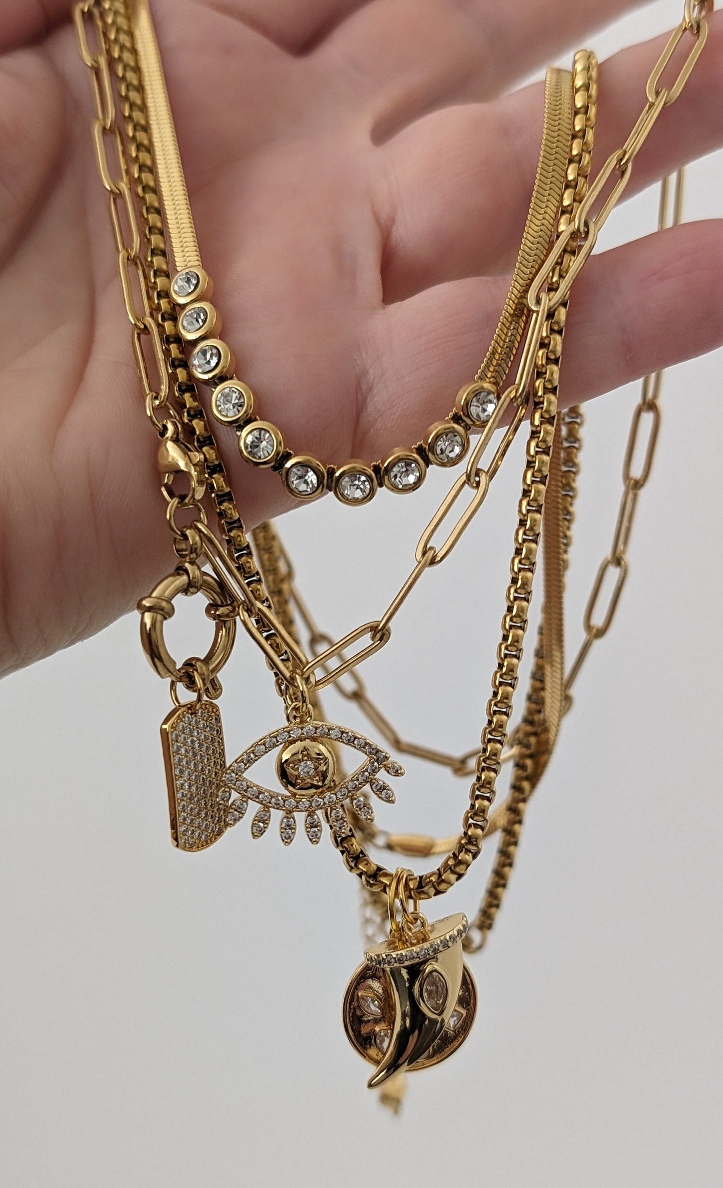 Layered chain necklace set, gold multi layer necklace, dog tag necklace for women, mixed chain, evil eye non tarnish jewelry, zircon collier