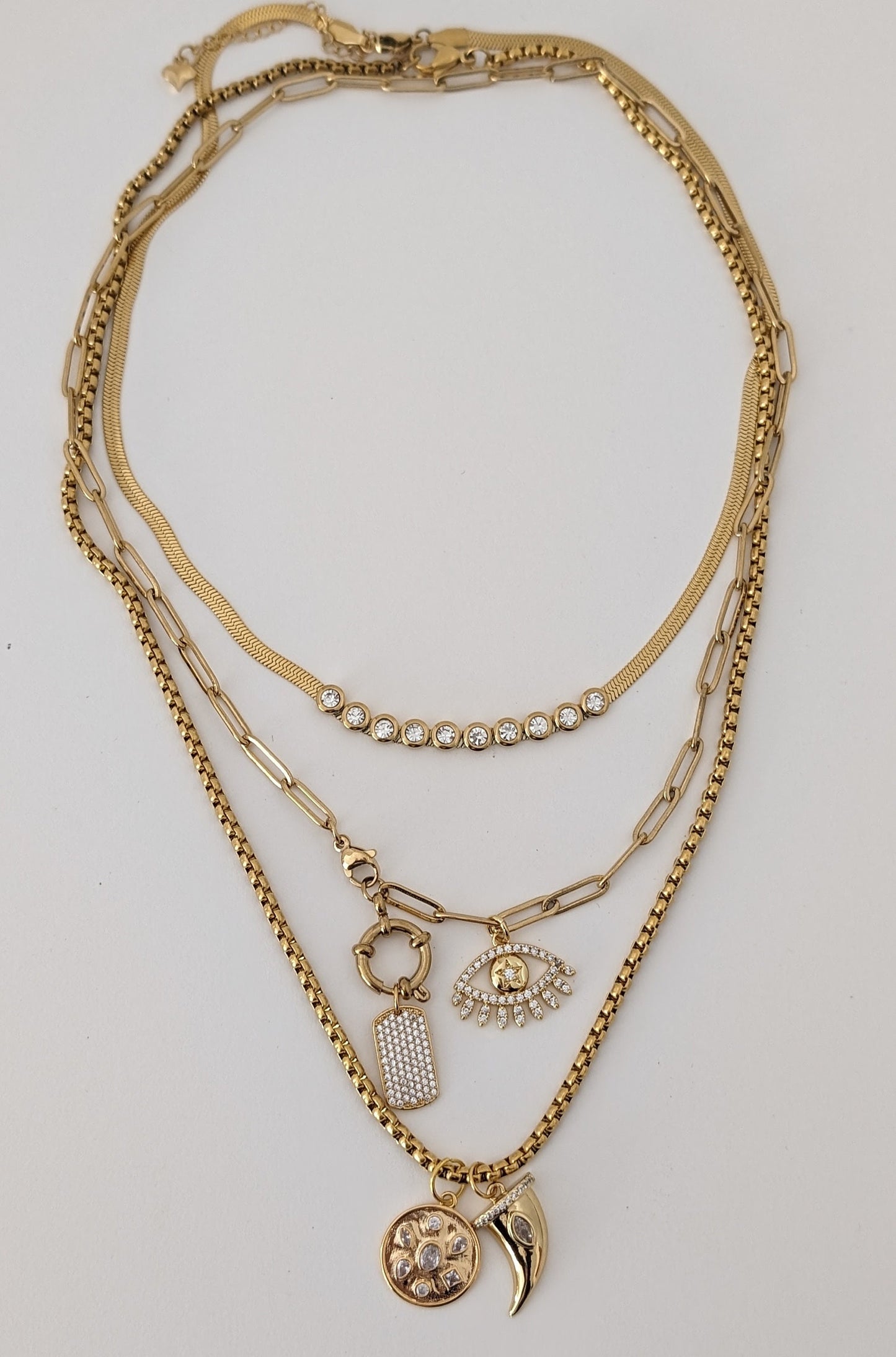 Layered chain necklace set, gold multi layer necklace, dog tag necklace for women, mixed chain, evil eye non tarnish jewelry, zircon collier