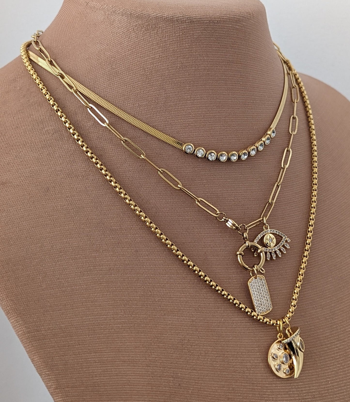 Layered chain necklace set, gold multi layer necklace, dog tag necklace for women, mixed chain, evil eye non tarnish jewelry, zircon collier