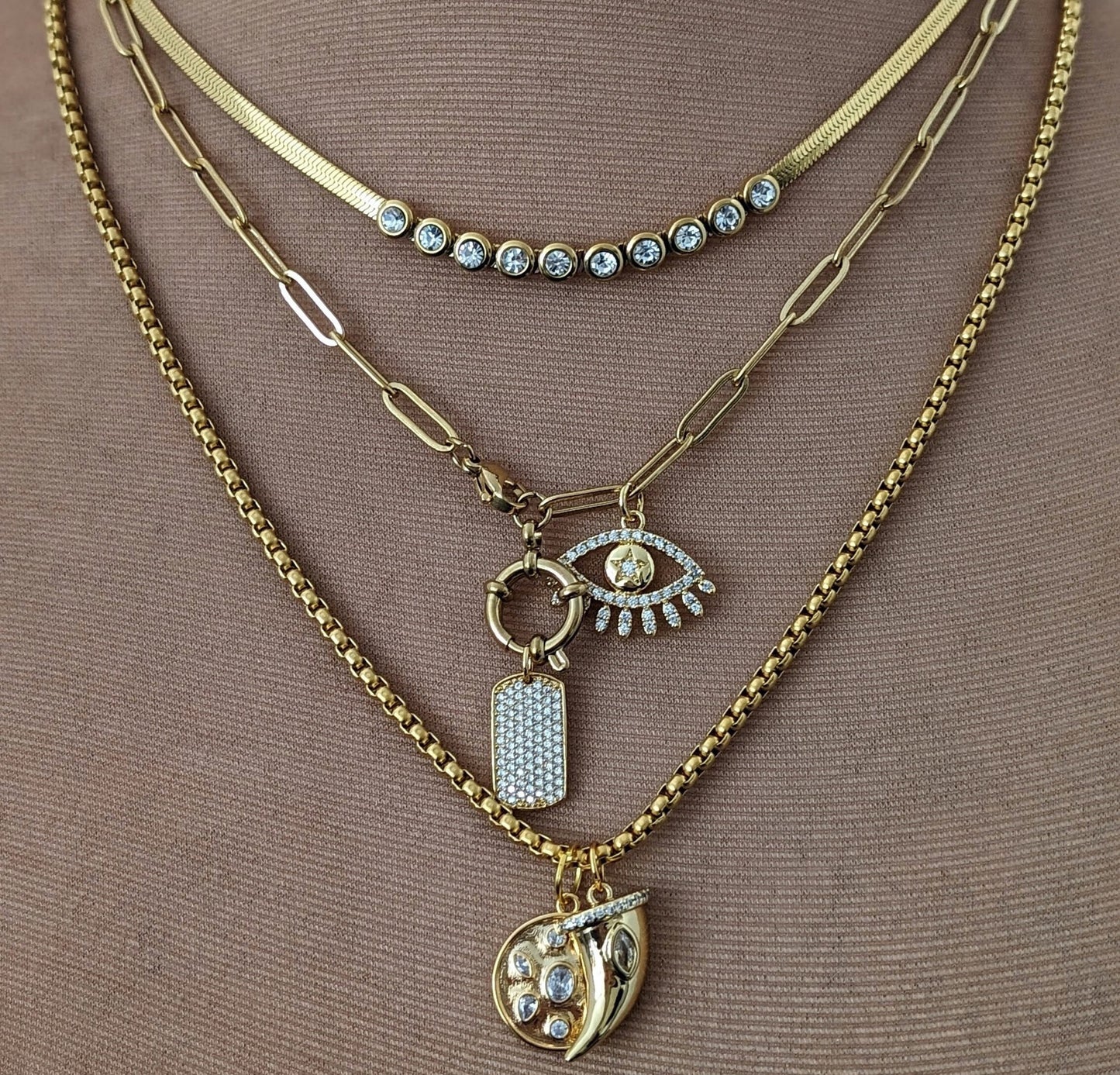 Layered chain necklace set, gold multi layer necklace, dog tag necklace for women, mixed chain, evil eye non tarnish jewelry, zircon collier