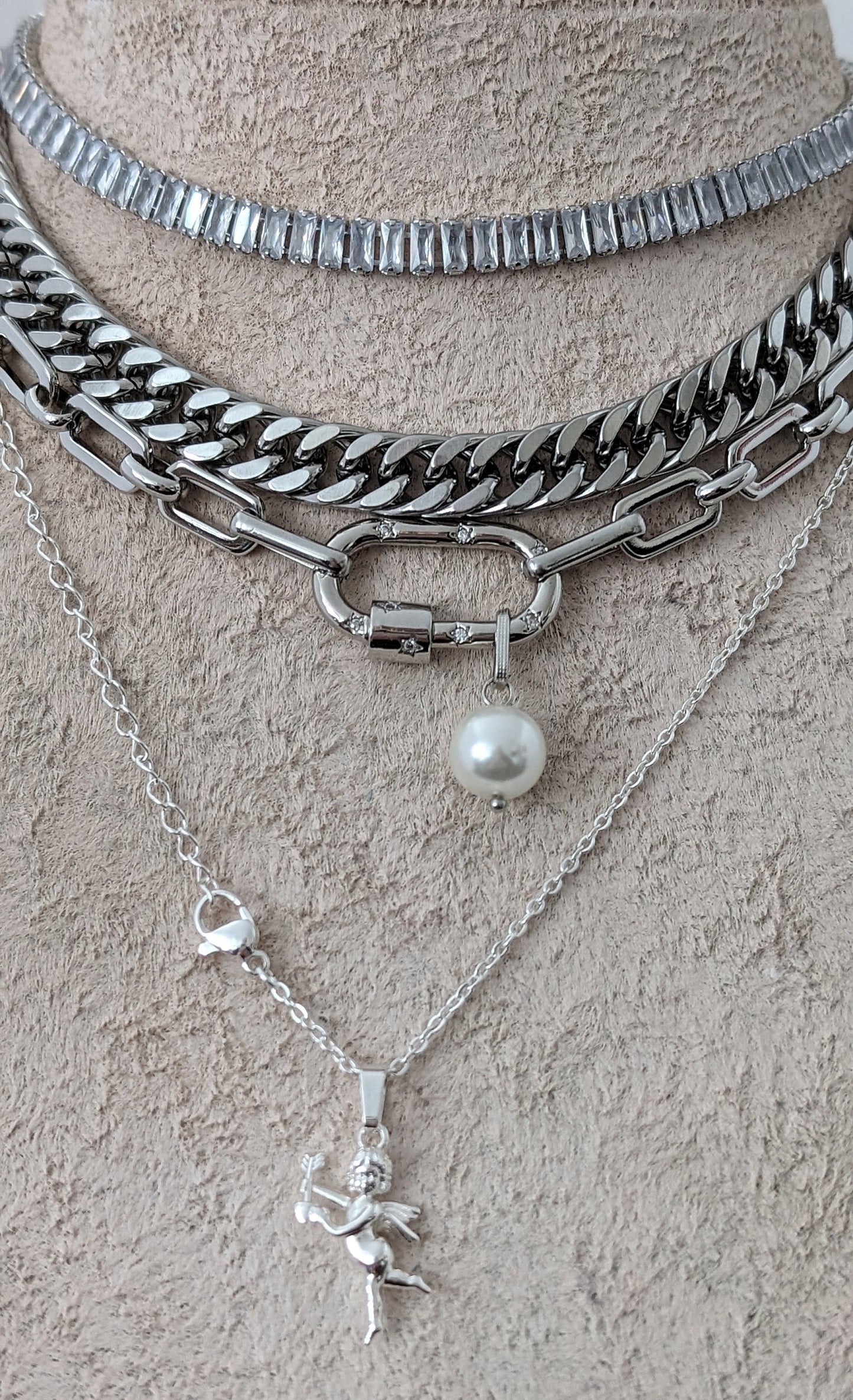 Chunky layered silver chain necklace set for women, carabiner clasp, angel pendant boho multi chain necklace, crystal and curb chain choker