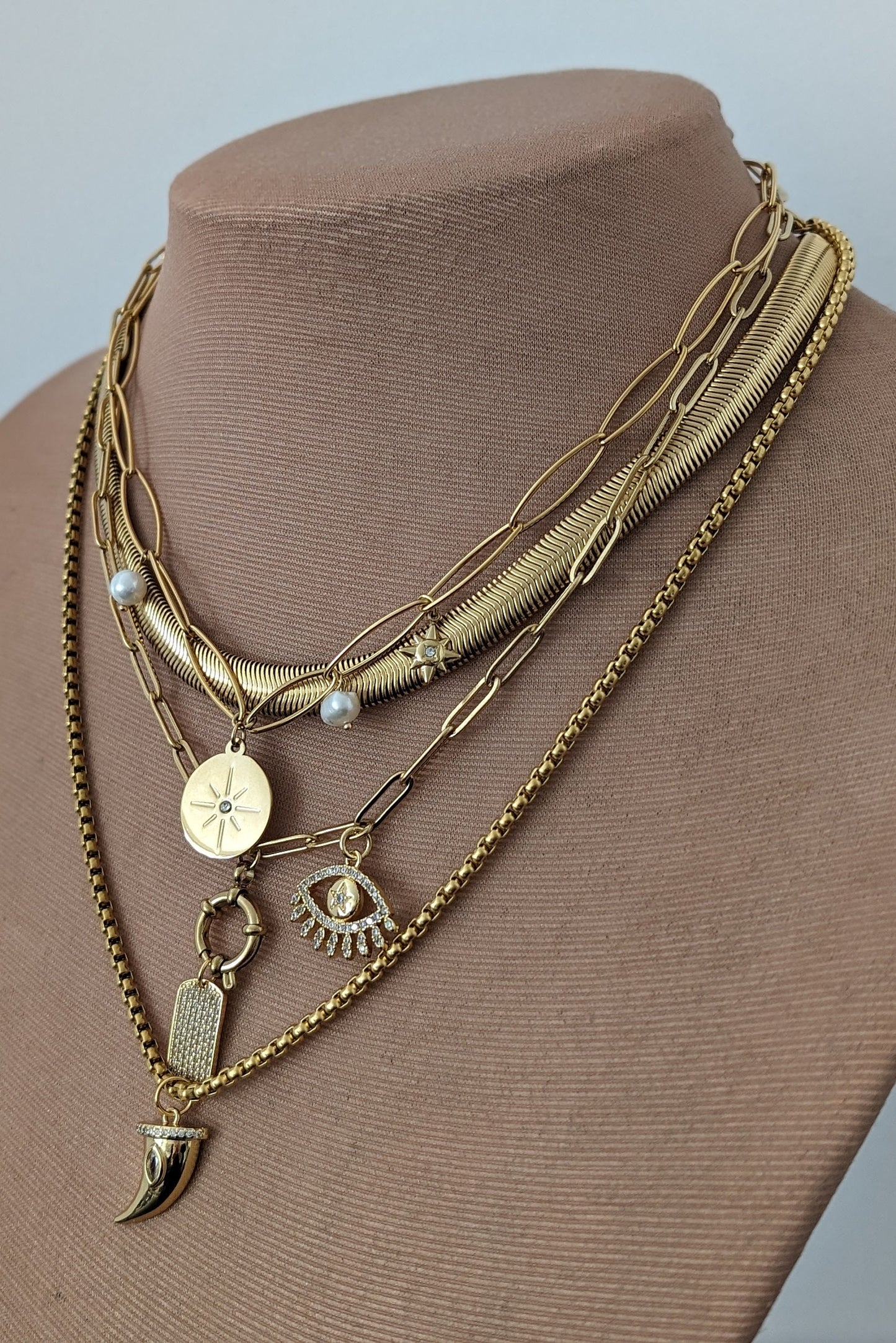 Layered mixed chain necklace, gold multi layer necklace set, boho dog tag necklace, evil eye non tarnish jewelry, box chain horn pendant