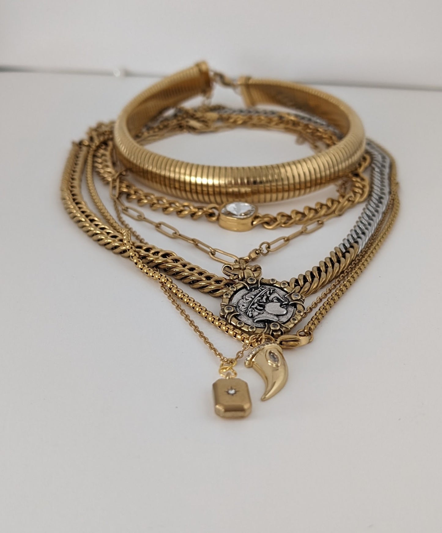 Layered mixed chain necklace set, gold multi layer necklace, mixed chain collier, ancient coin necklace, torque choker, non tarnish jewelry