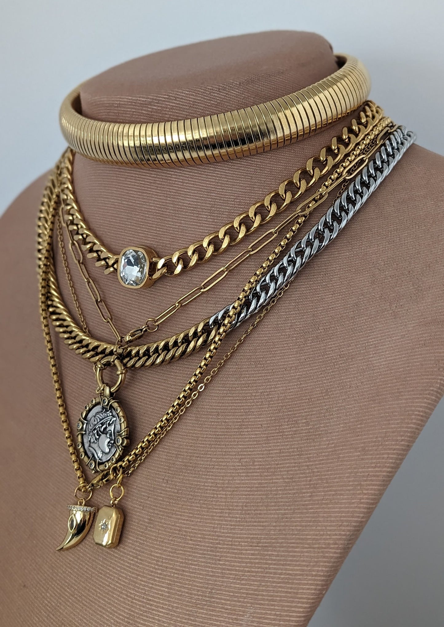 Layered mixed chain necklace set, gold multi layer necklace, mixed chain collier, ancient coin necklace, torque choker, non tarnish jewelry