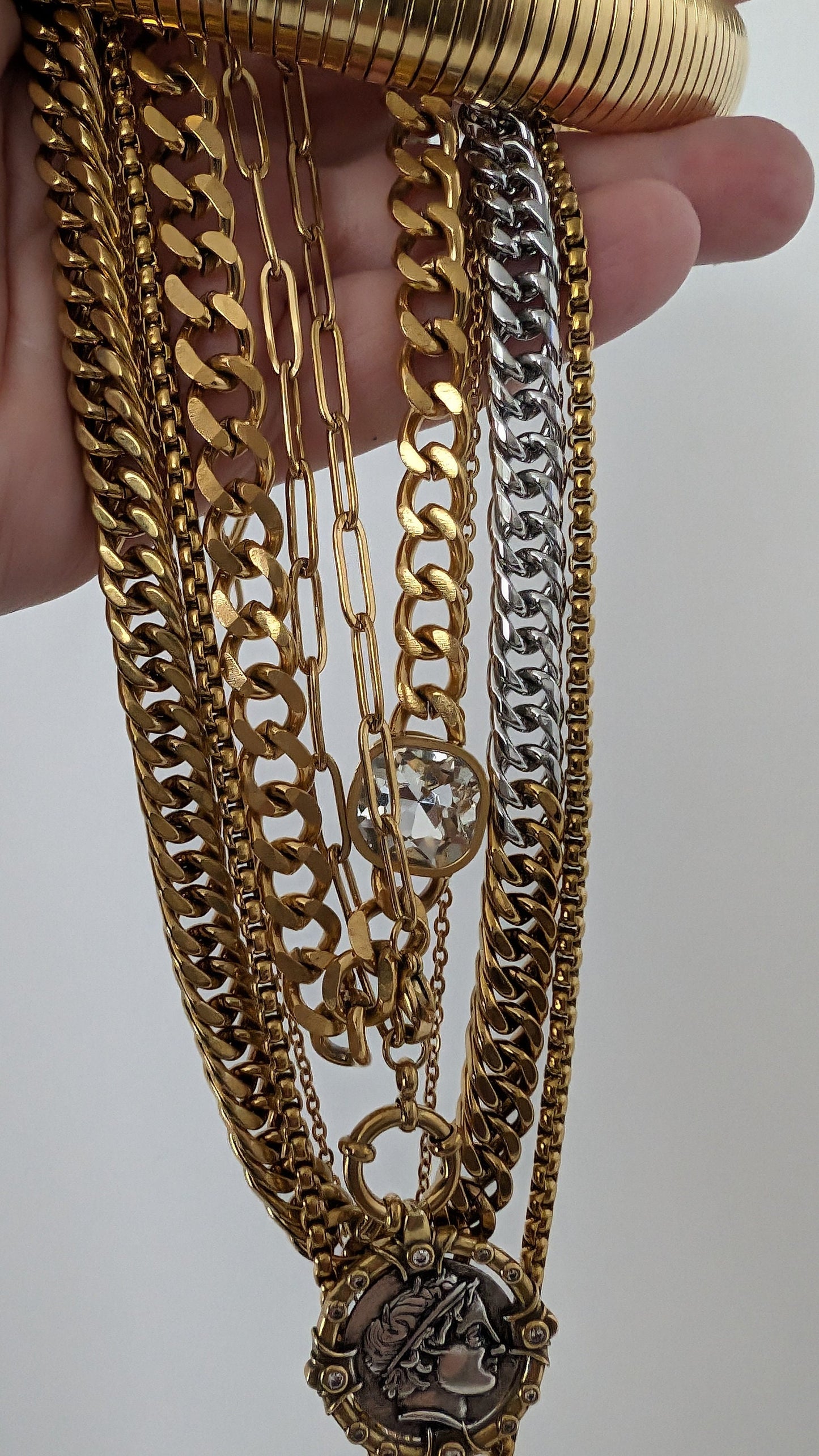 Layered mixed chain necklace set, gold multi layer necklace, mixed chain collier, ancient coin necklace, torque choker, non tarnish jewelry