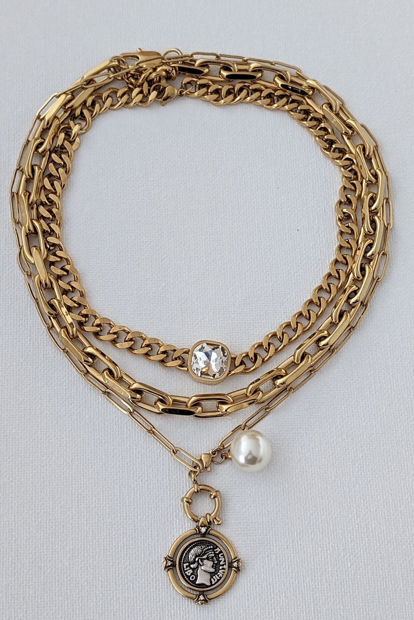 Layered chunky gold chain coin necklace set, ancient medallion paperclip necklace, curb chain diamond choker, multi strand chunky chain set