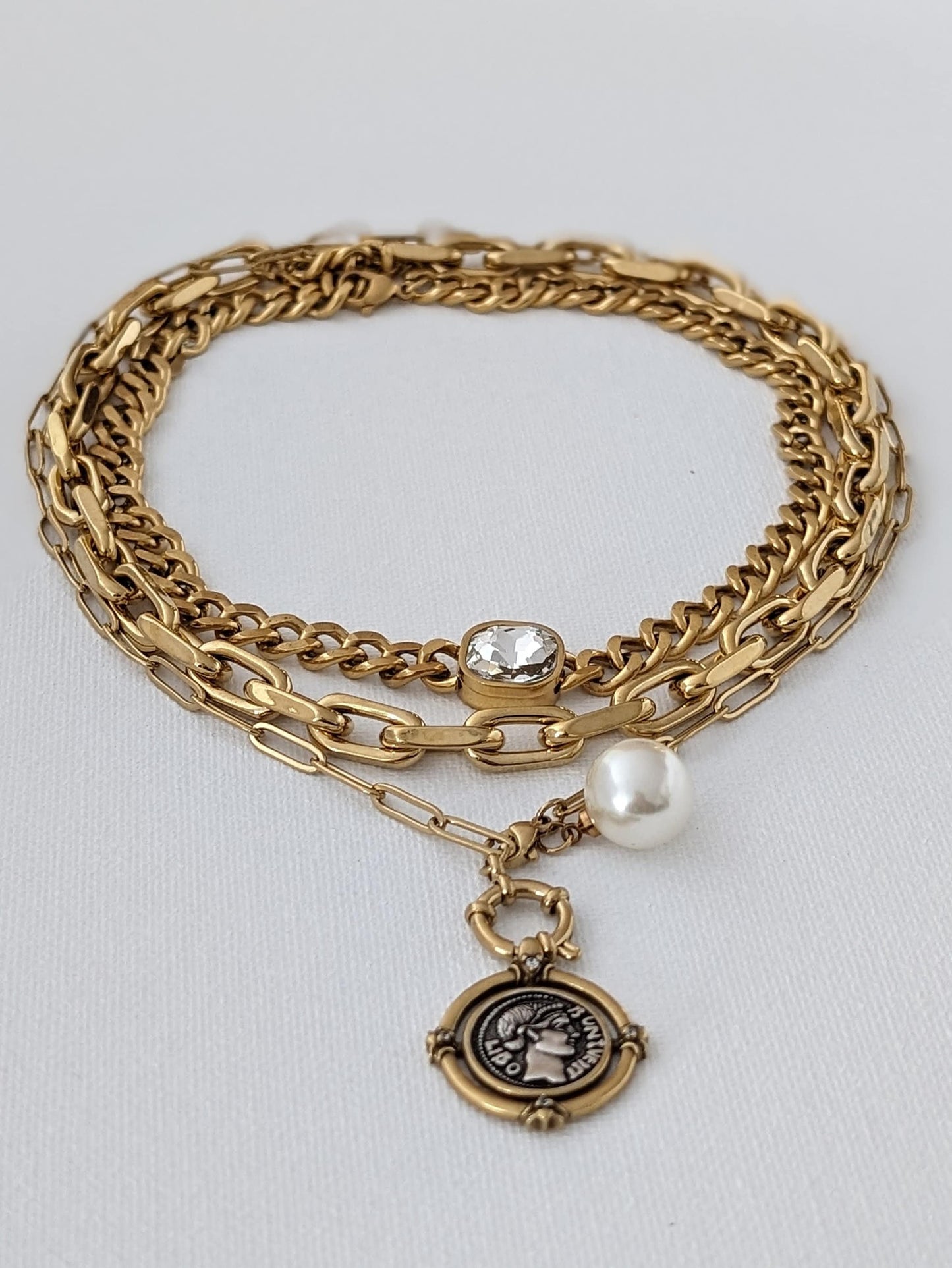 Layered chunky gold chain coin necklace set, ancient medallion paperclip necklace, curb chain diamond choker, multi strand chunky chain set