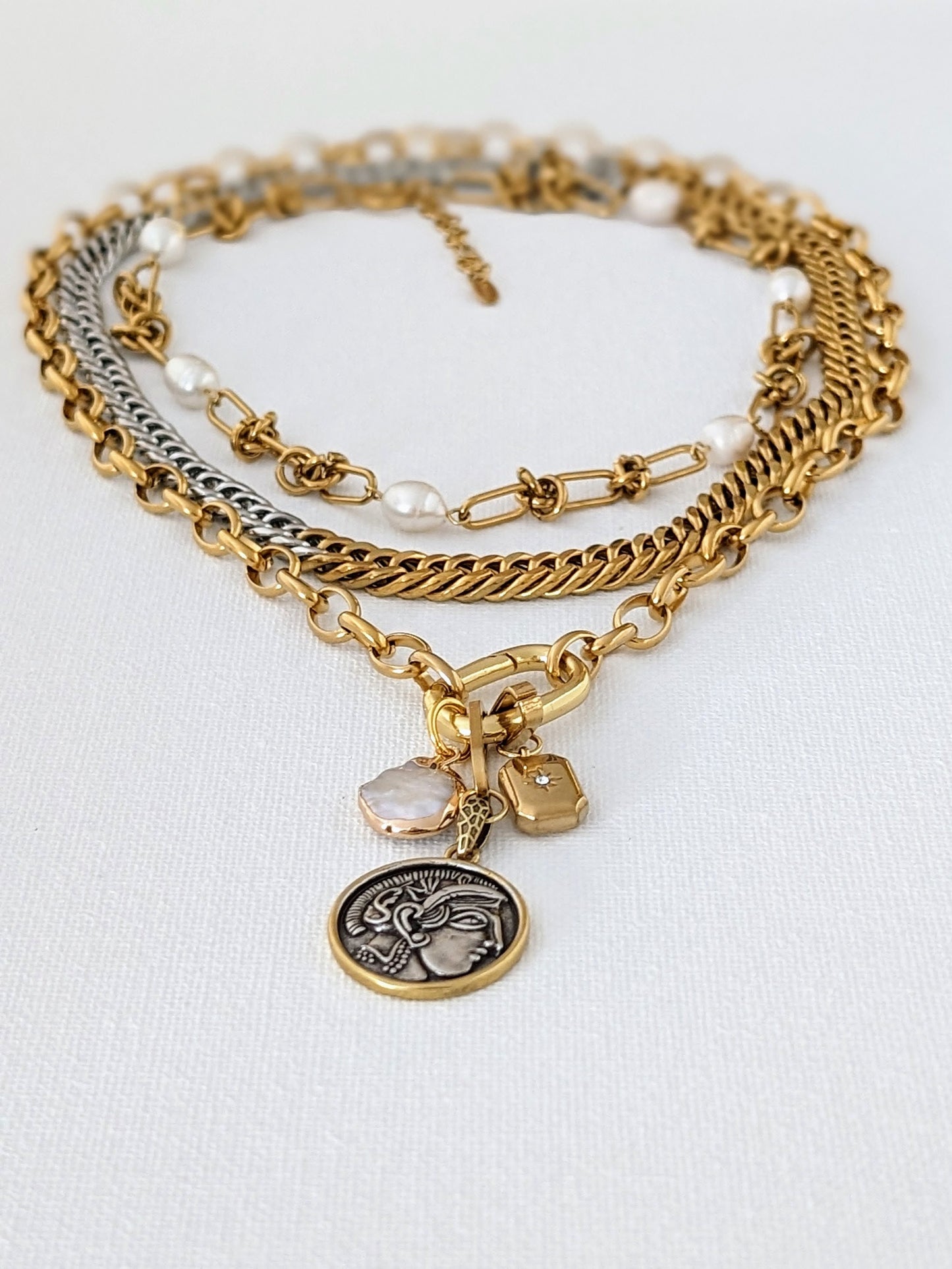 Layered chunky chain coin necklace set, ancient coin pendant, knotted wire and freshwater pearl chain choker, two tone curb chain necklace