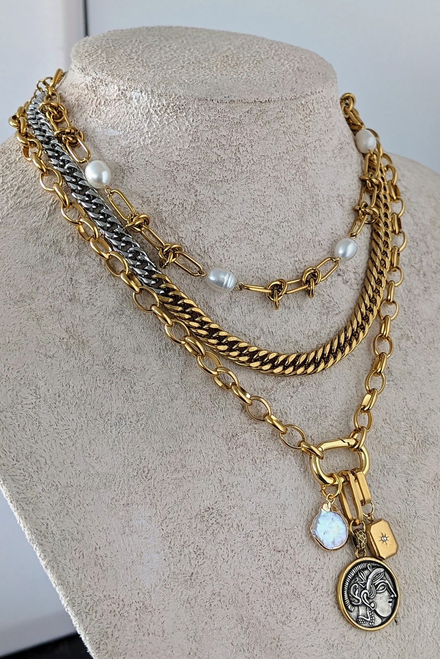 Layered chunky chain coin necklace set, ancient coin pendant, knotted wire and freshwater pearl chain choker, two tone curb chain necklace