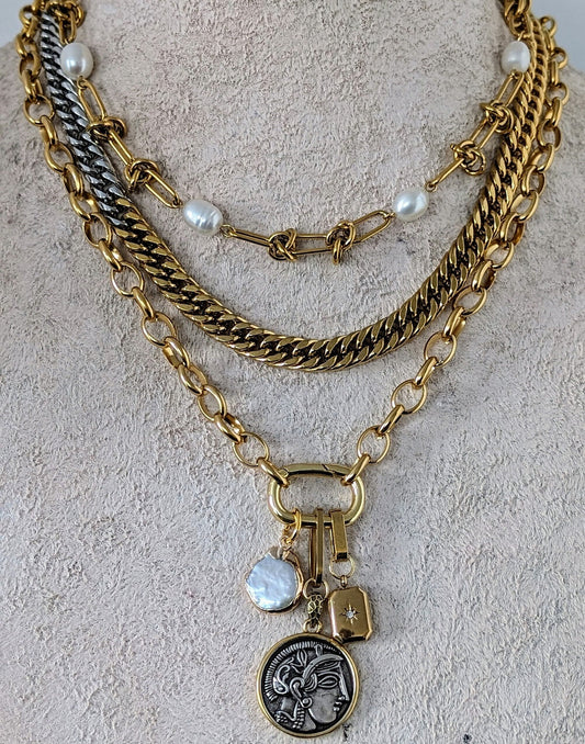 Layered chunky chain coin necklace set, ancient coin pendant, knotted wire and freshwater pearl chain choker, two tone curb chain necklace