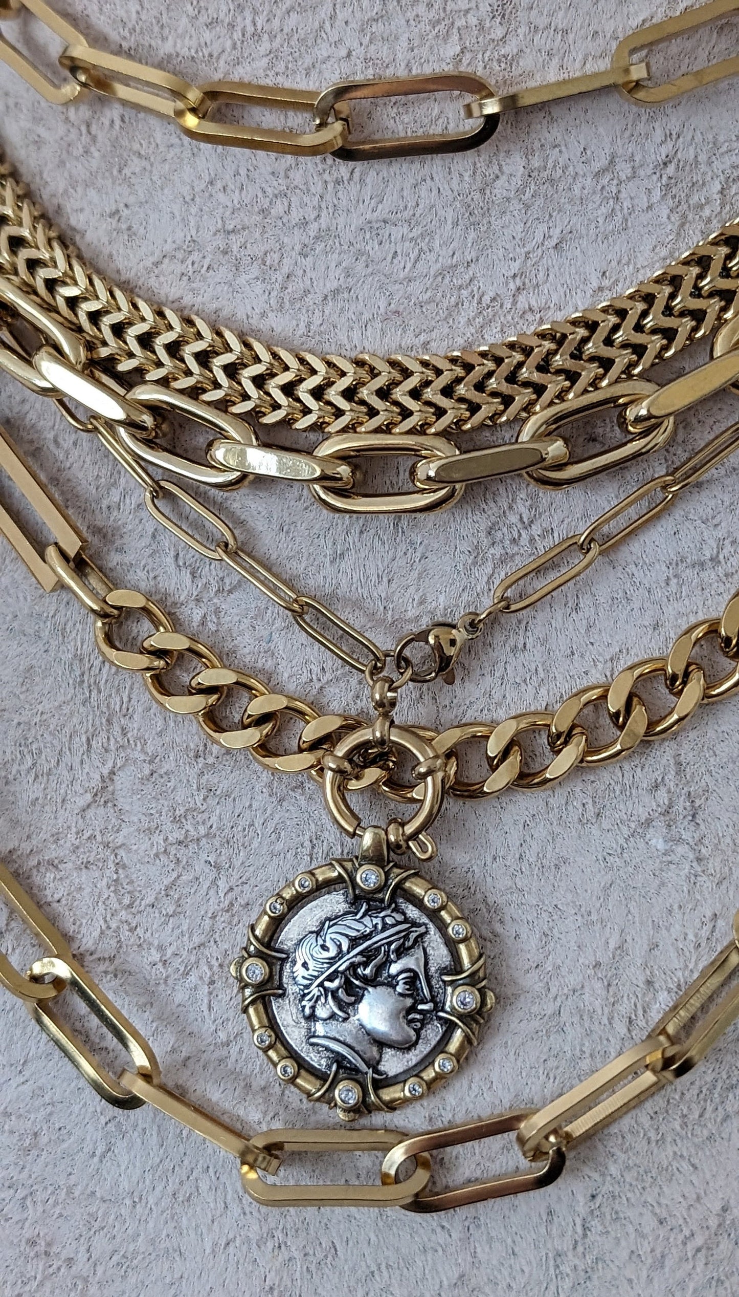 Layered chunky chain necklace, gold multi layer necklace set, boho mixed chain textured necklace, ancient coin pendant, non tarnish jewelry