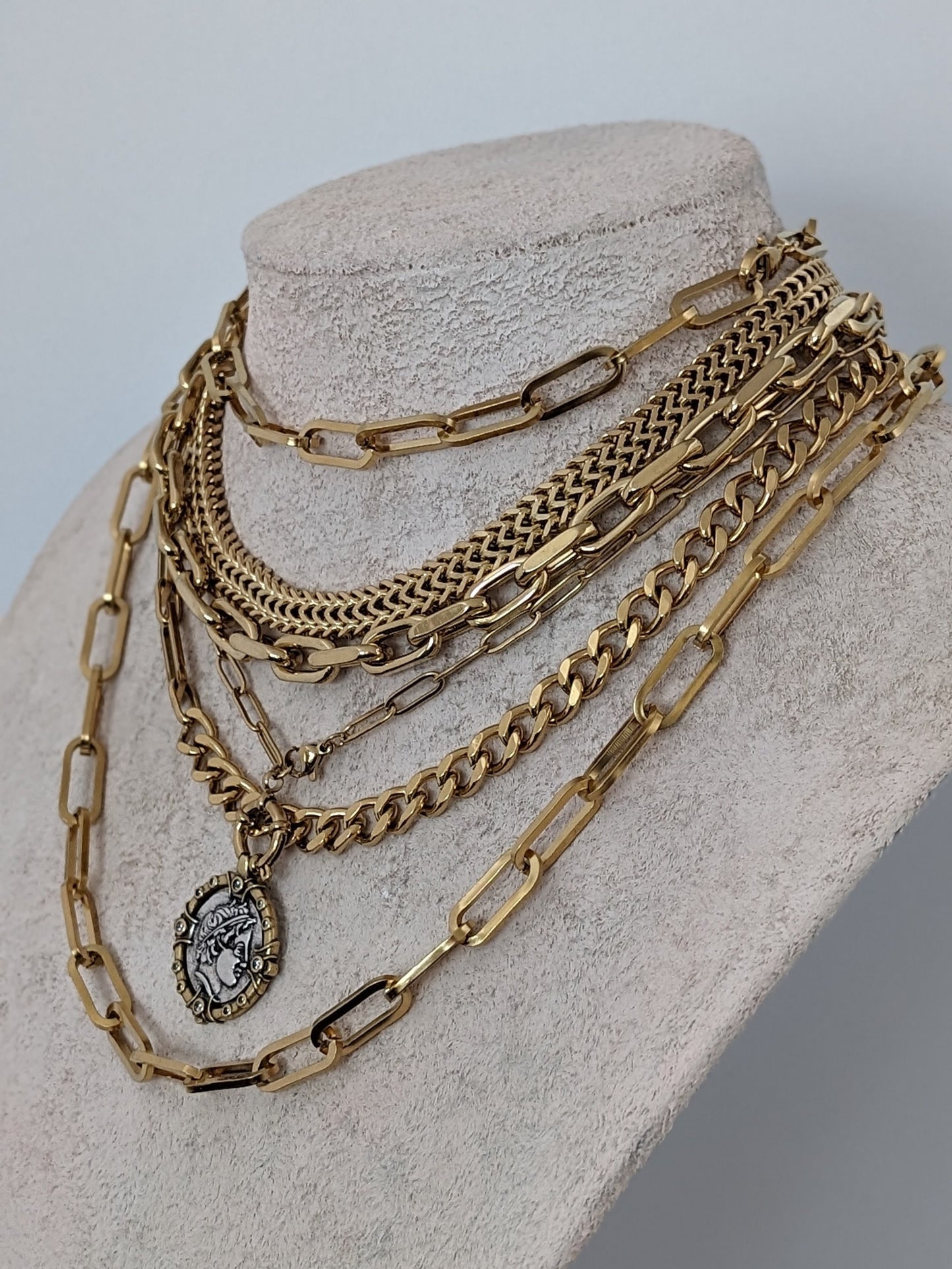 Layered chunky chain necklace, gold multi layer necklace set, boho mixed chain textured necklace, ancient coin pendant, non tarnish jewelry