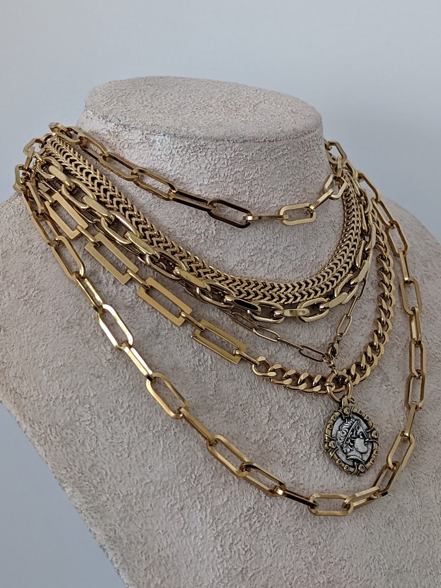 Layered chunky chain necklace, gold multi layer necklace set, boho mixed chain textured necklace, ancient coin pendant, non tarnish jewelry