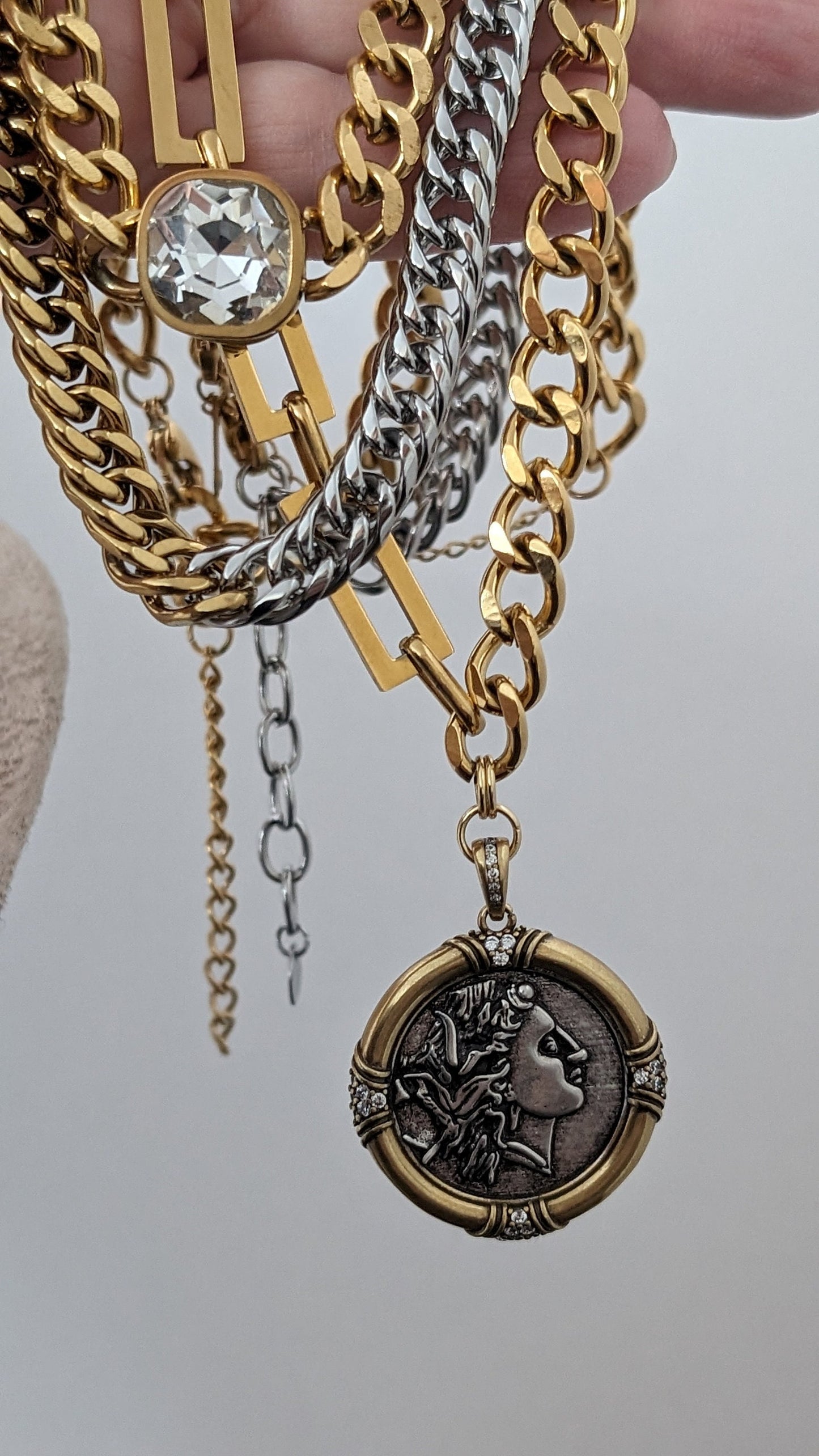 Layered gold chain necklace set, chunky multi layer necklace, ancient medallion pendant, two tone chain necklace, curb chain diamond choker