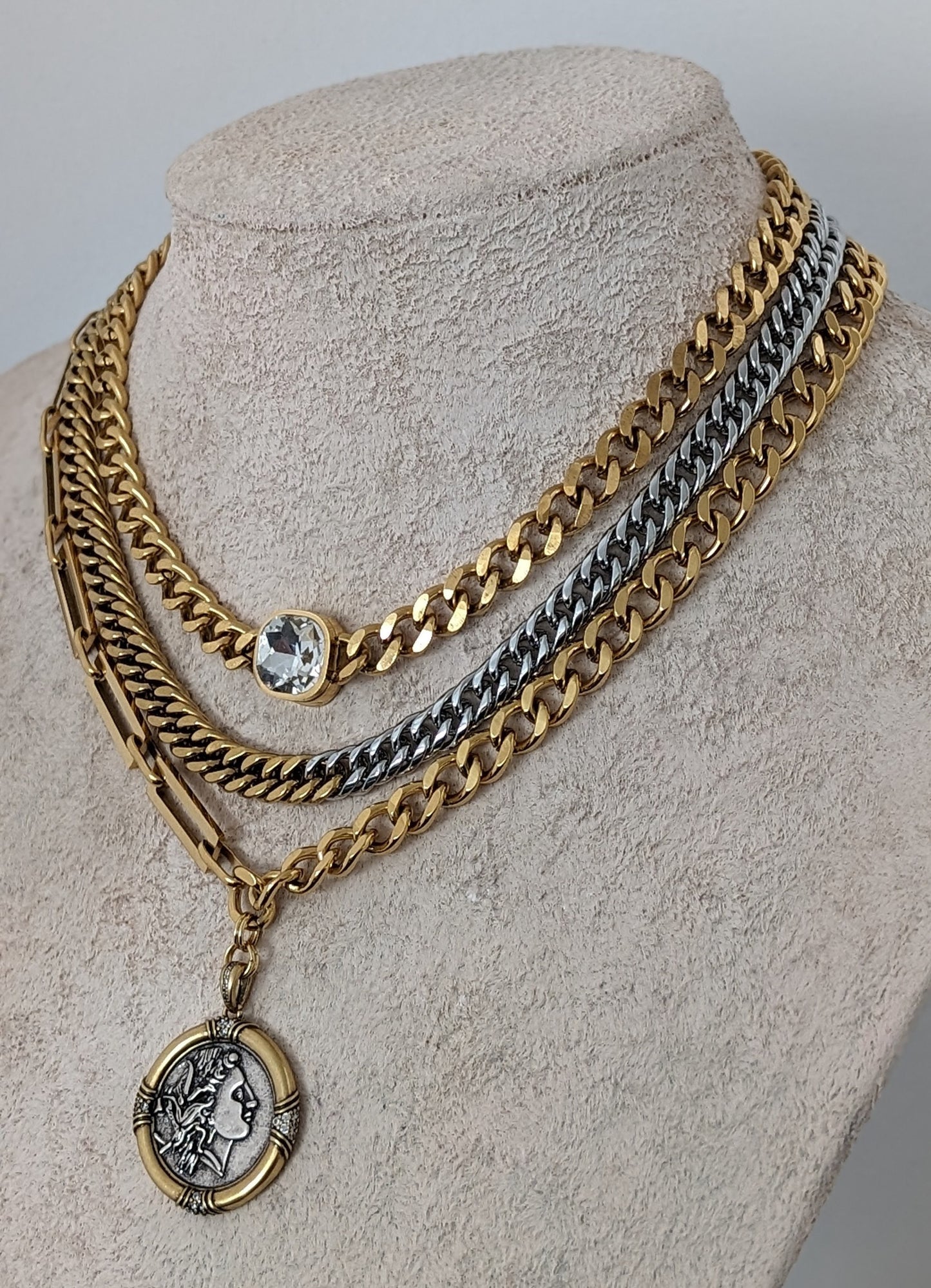 Layered gold chain necklace set, chunky multi layer necklace, ancient medallion pendant, two tone chain necklace, curb chain diamond choker