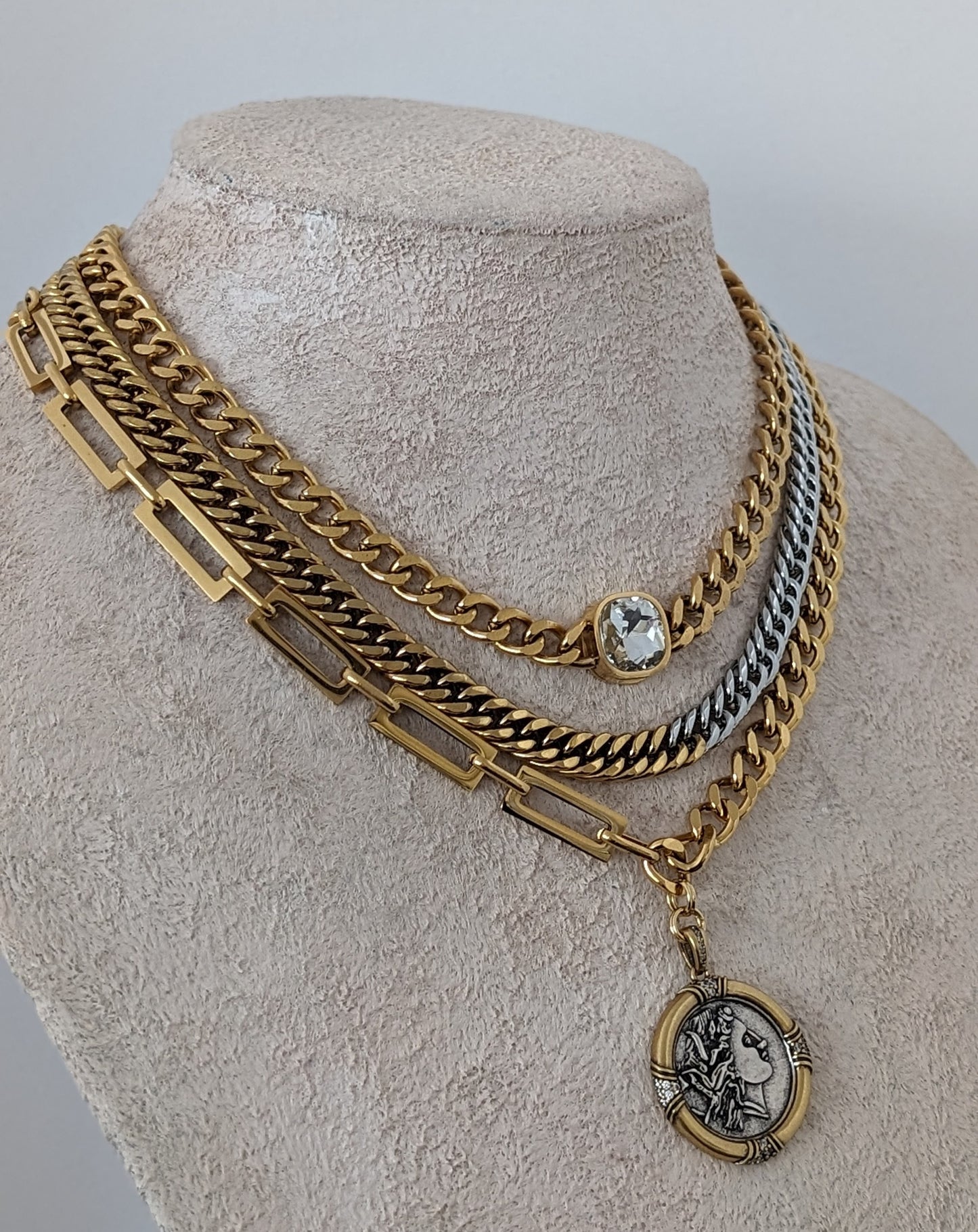 Layered gold chain necklace set, chunky multi layer necklace, ancient medallion pendant, two tone chain necklace, curb chain diamond choker
