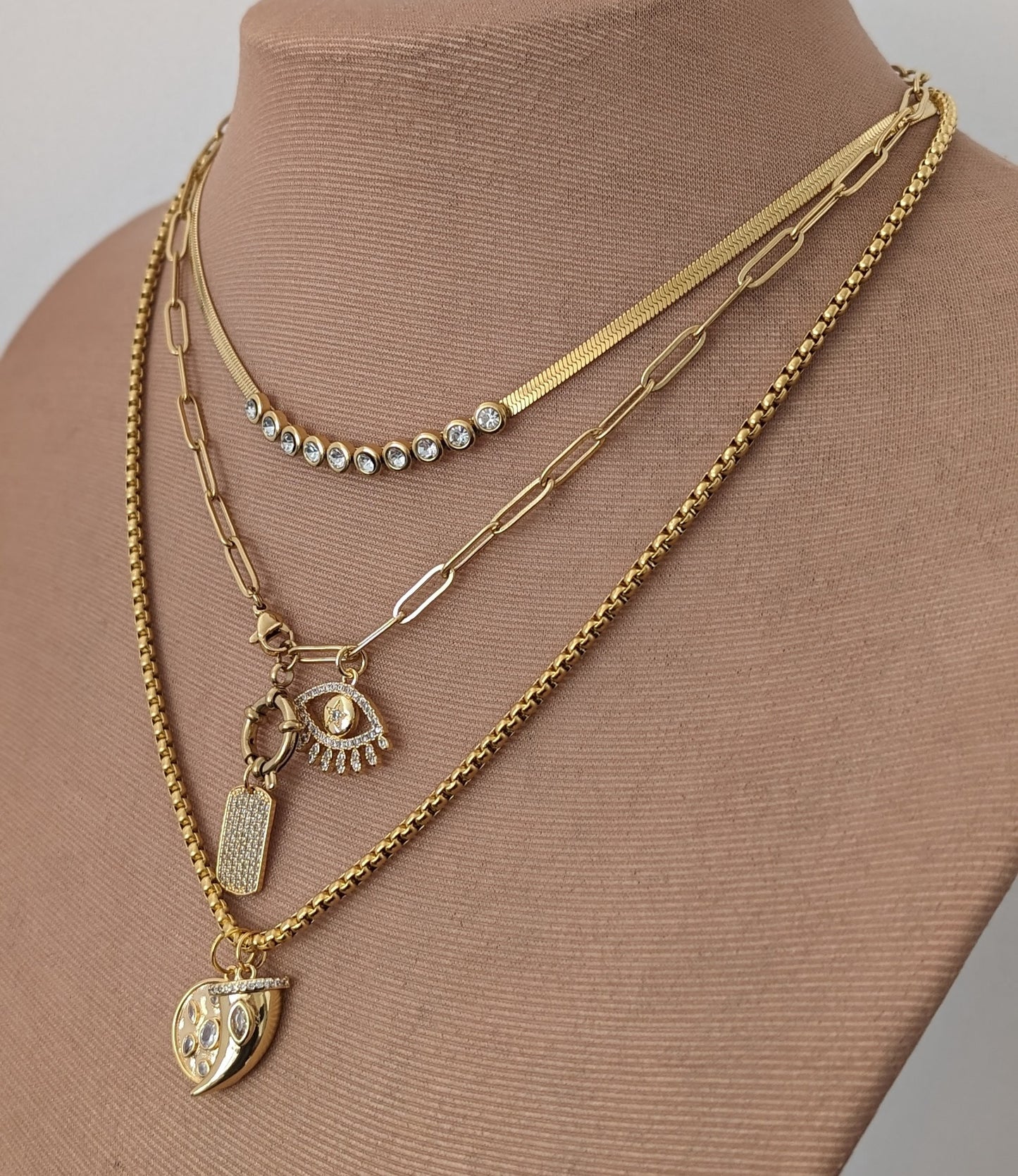 Layered chain necklace set, gold multi layer necklace, dog tag necklace for women, mixed chain, evil eye non tarnish jewelry, zircon collier