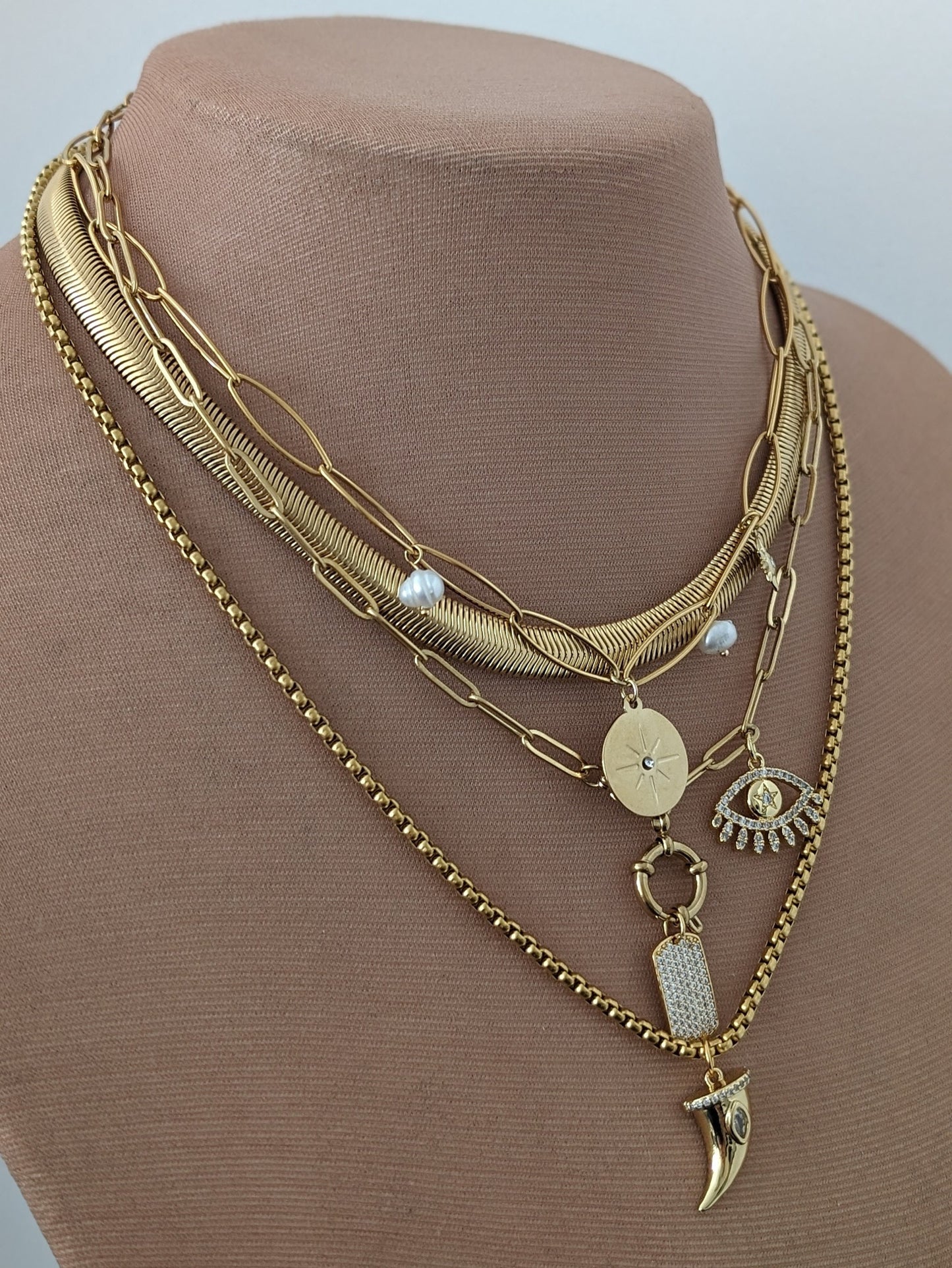Layered mixed chain necklace, gold multi layer necklace set, boho dog tag necklace, evil eye non tarnish jewelry, box chain horn pendant