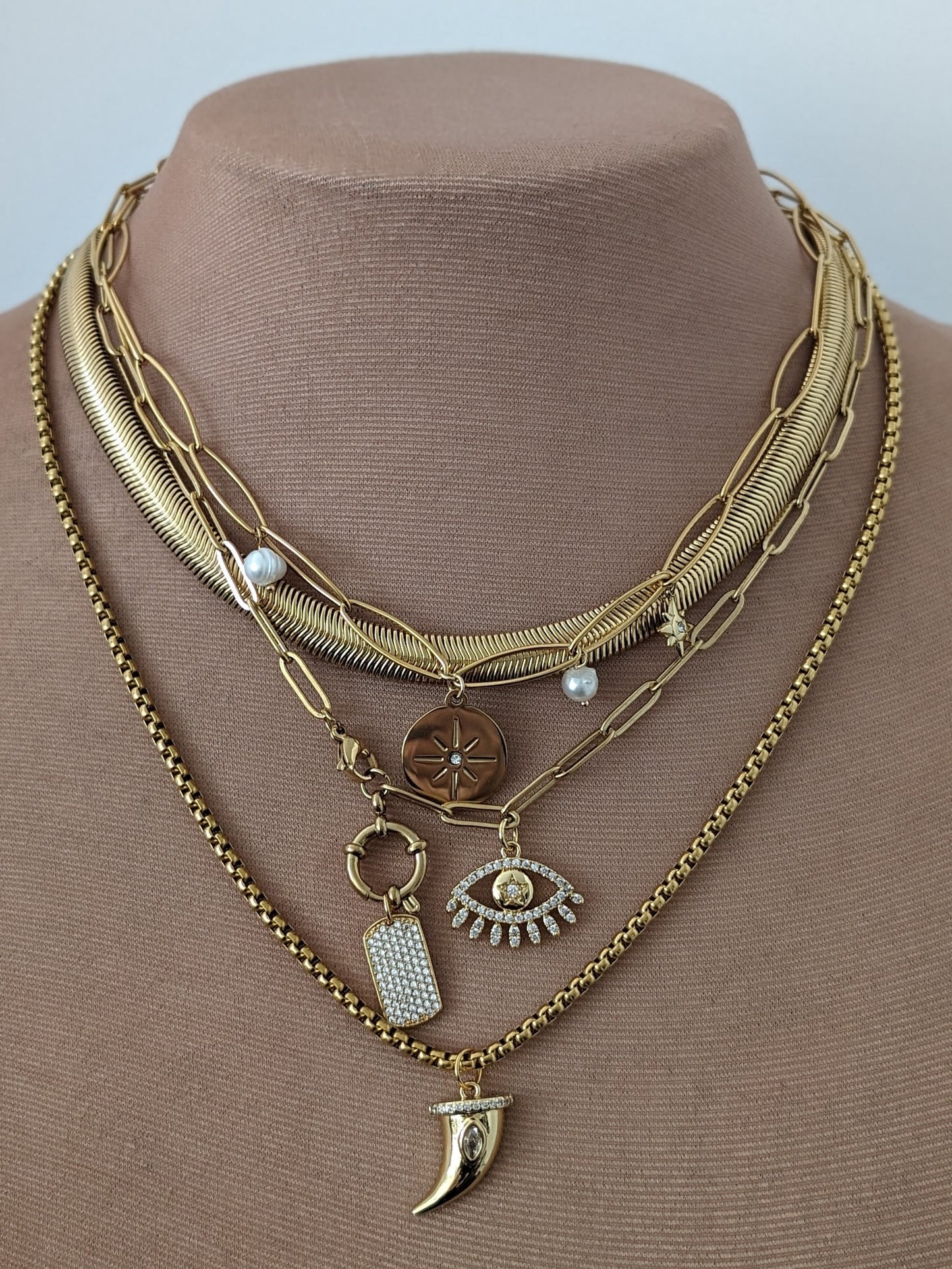 Layered mixed chain necklace, gold multi layer necklace set, boho dog tag necklace, evil eye non tarnish jewelry, box chain horn pendant