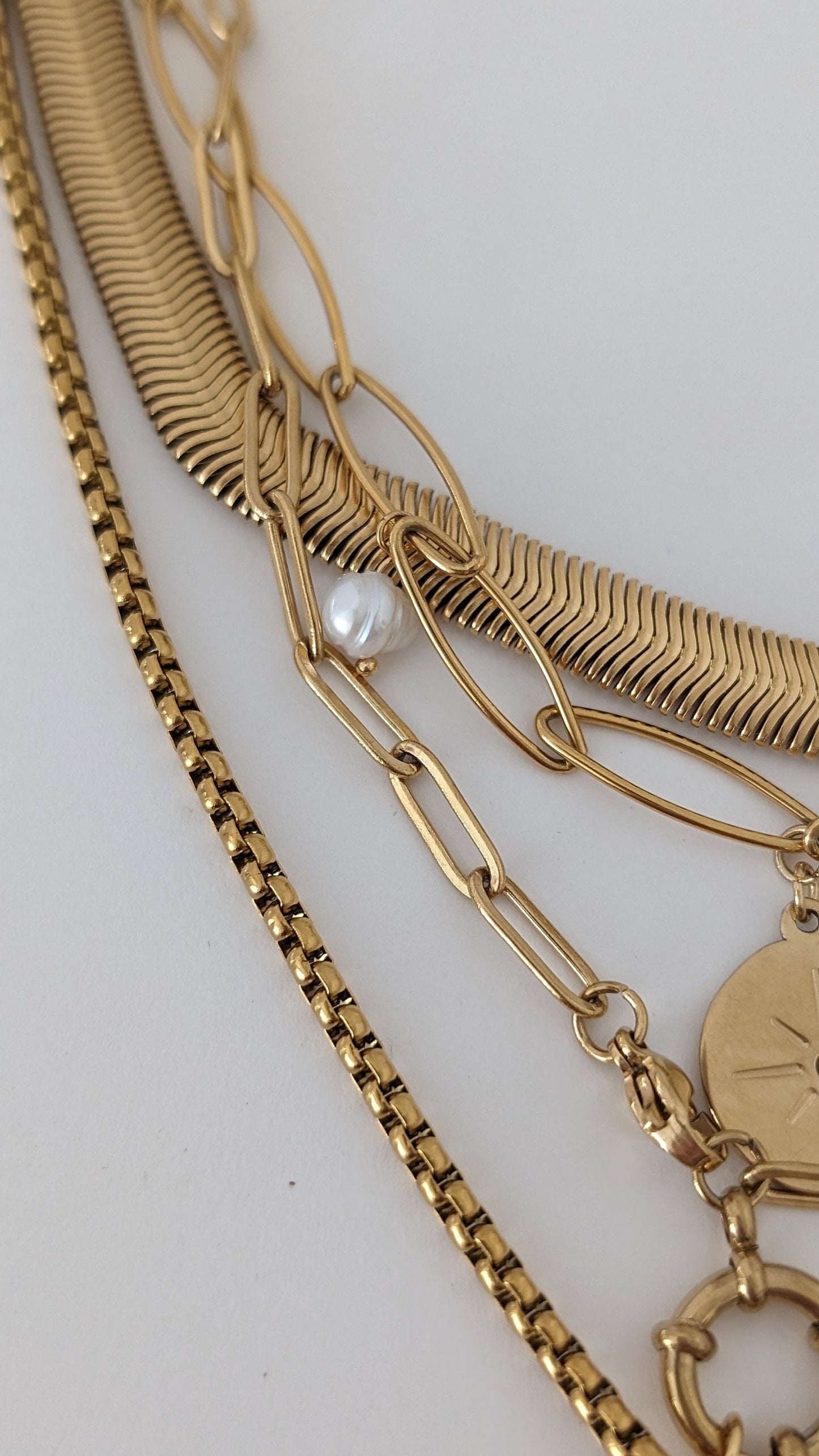 Layered mixed chain necklace, gold multi layer necklace set, boho dog tag necklace, evil eye non tarnish jewelry, box chain horn pendant