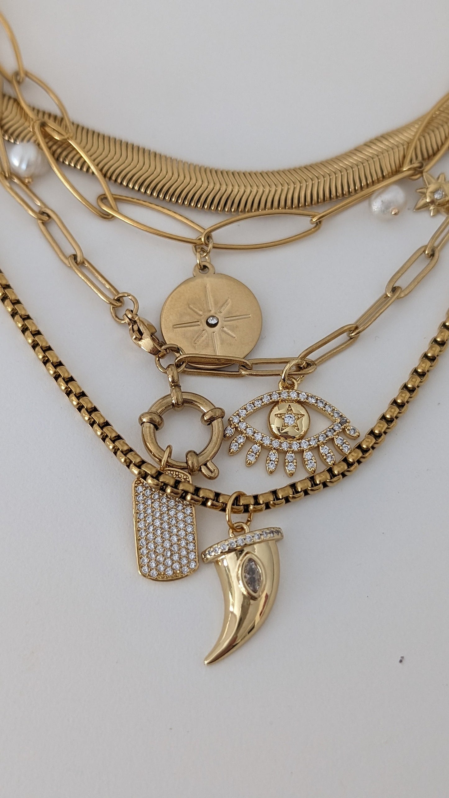Layered mixed chain necklace, gold multi layer necklace set, boho dog tag necklace, evil eye non tarnish jewelry, box chain horn pendant