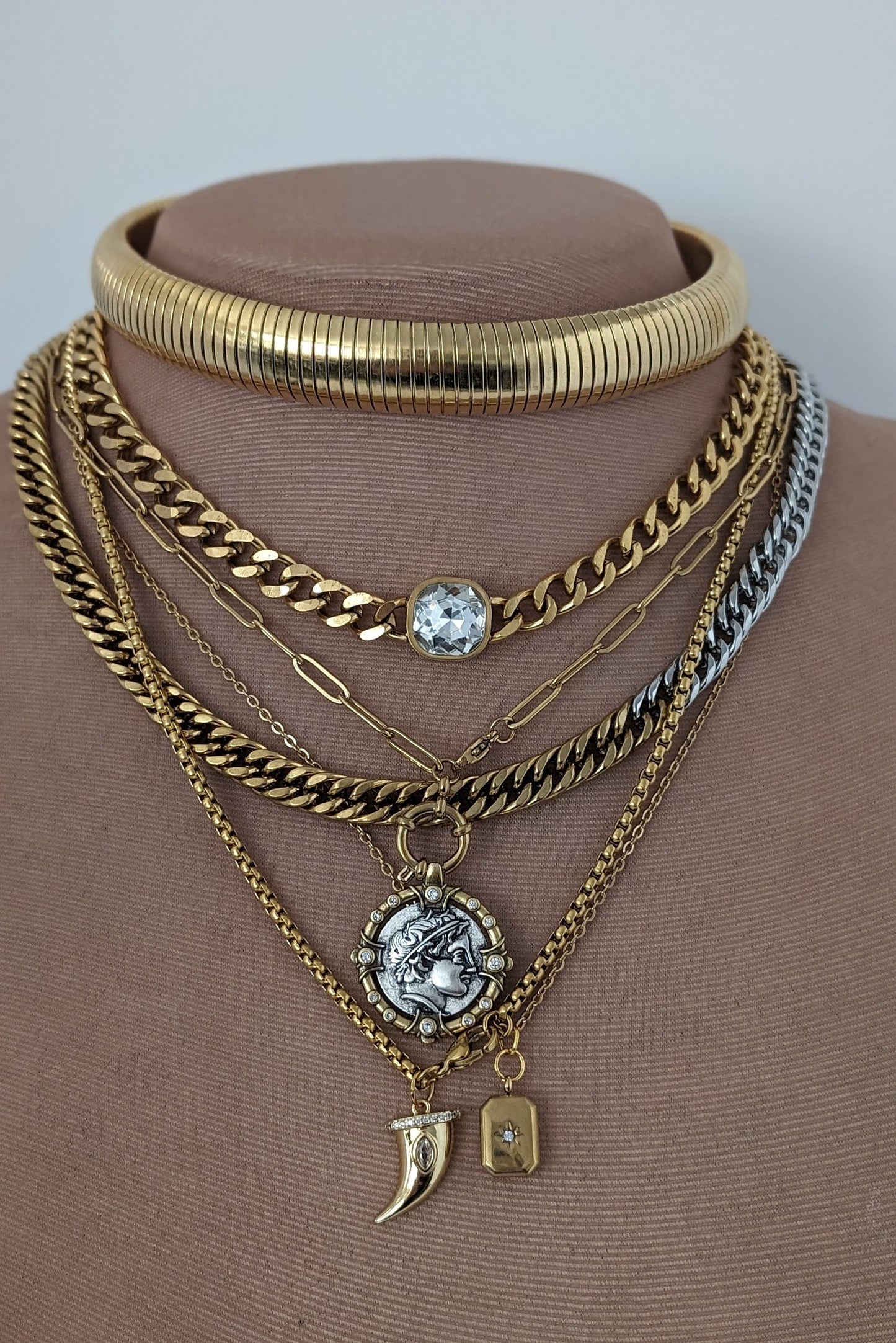 Layered mixed chain necklace set, gold multi layer necklace, mixed chain collier, ancient coin necklace, torque choker, non tarnish jewelry