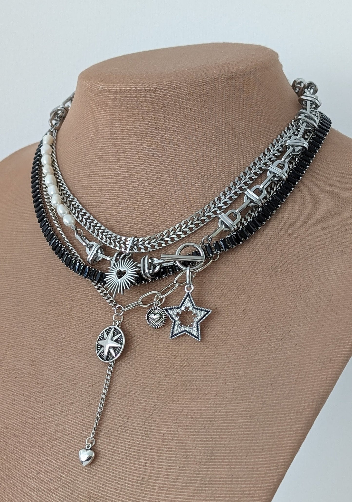 Layered chain necklace set silver, freshwater pearl toggle necklace, boho multi chain choker, black baguette choker, star and heart necklace