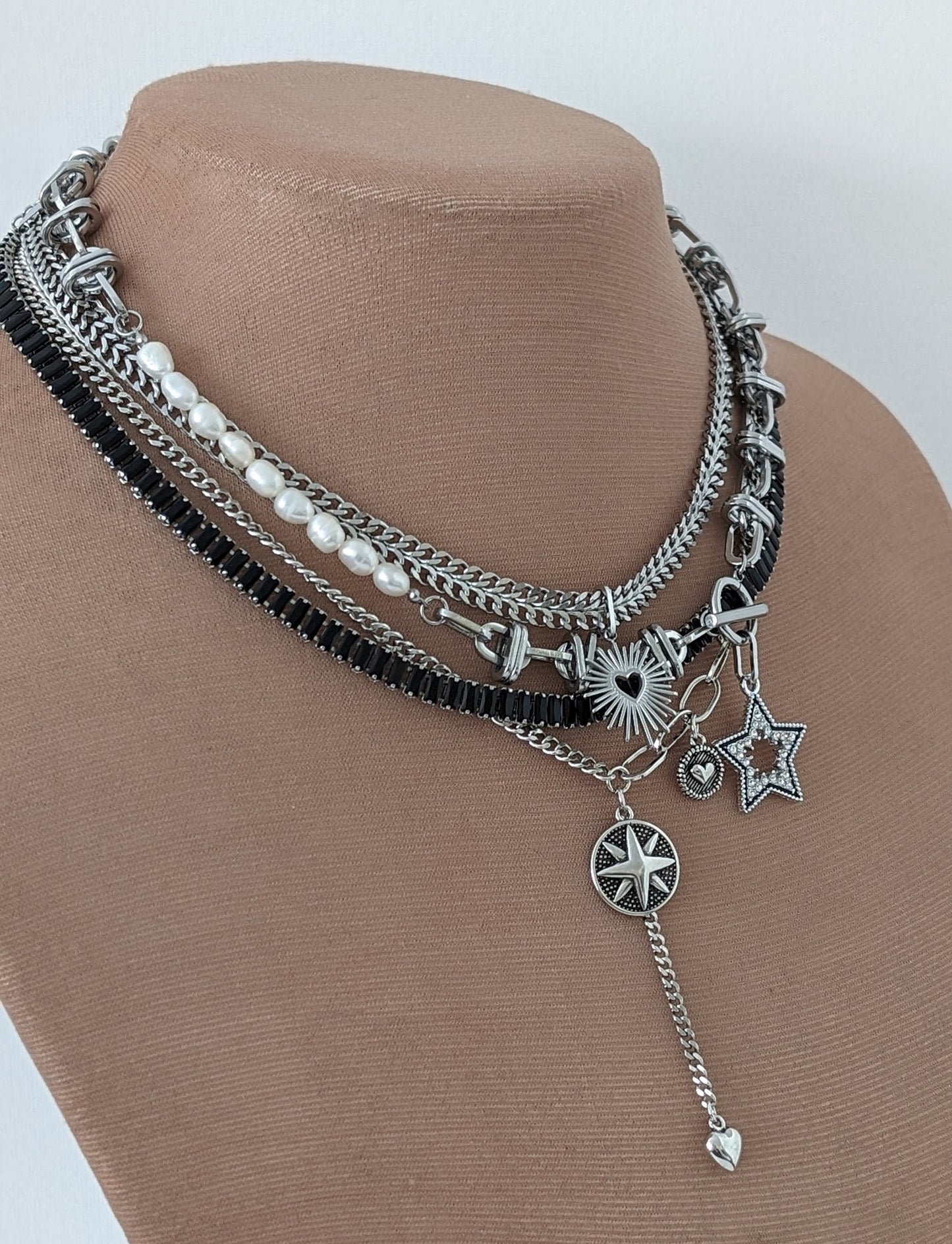 Layered chain necklace set silver, freshwater pearl toggle necklace, boho multi chain choker, black baguette choker, star and heart necklace