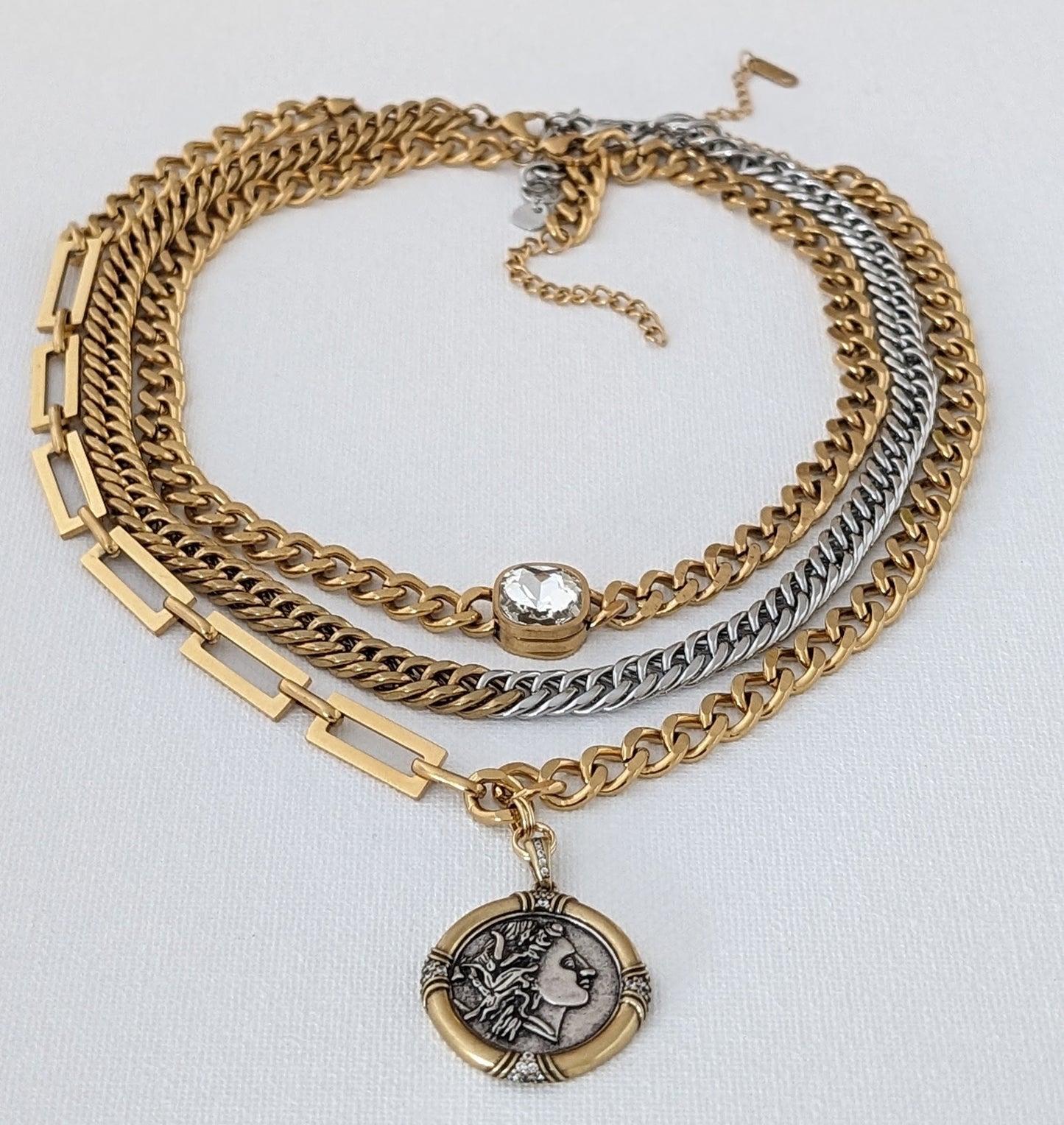 Layered gold chain necklace set, chunky multi layer necklace, ancient medallion pendant, two tone chain necklace, curb chain diamond choker