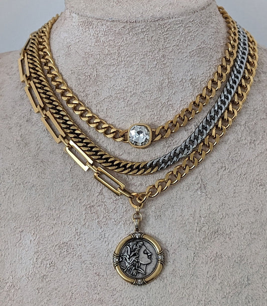 Layered gold chain necklace set, chunky multi layer necklace, ancient medallion pendant, two tone chain necklace, curb chain diamond choker