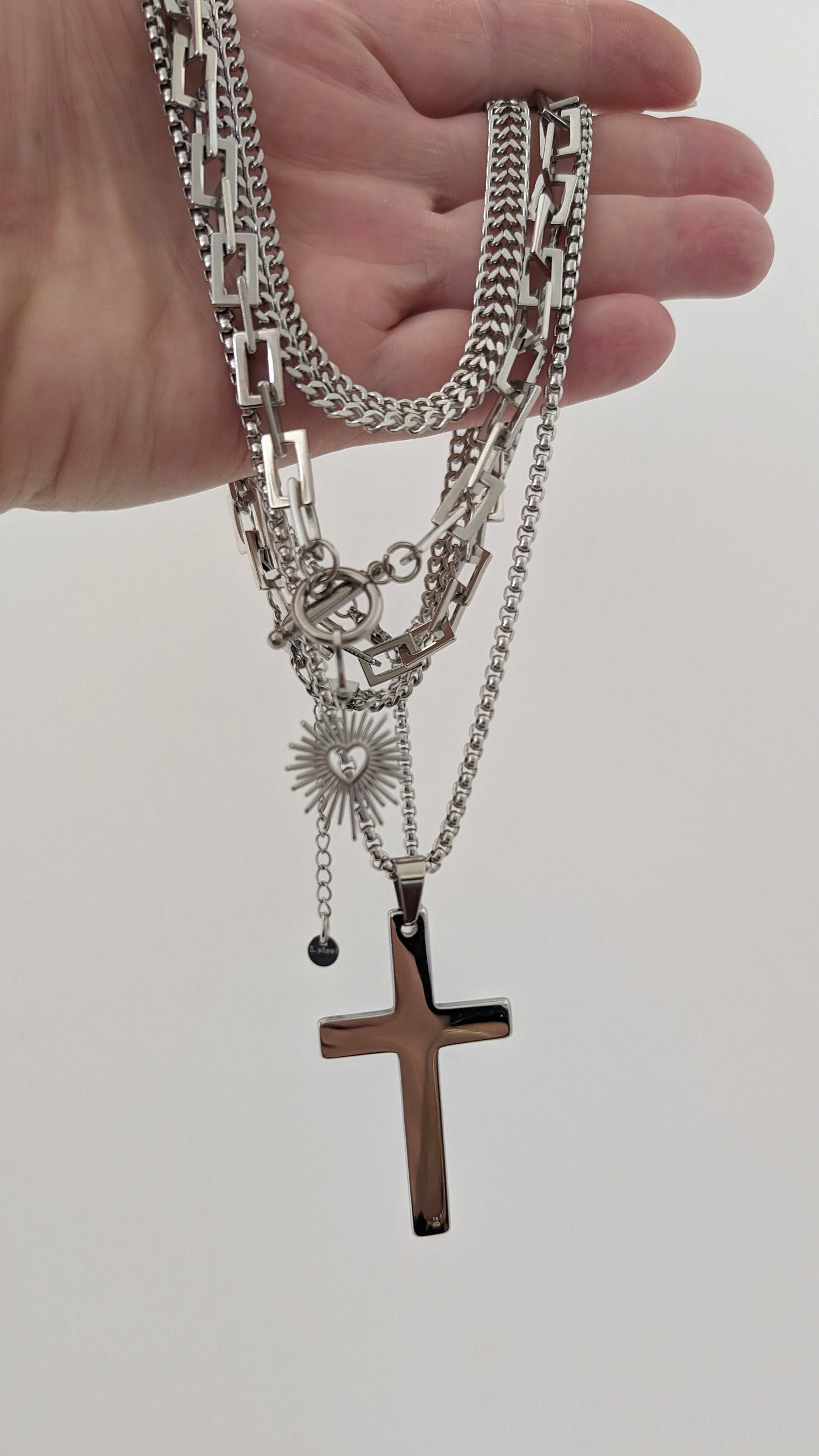 Multi layer silver chunky chain necklace set, sacred heart charm,  boho stacked statement necklace, long layered cross pendant necklace