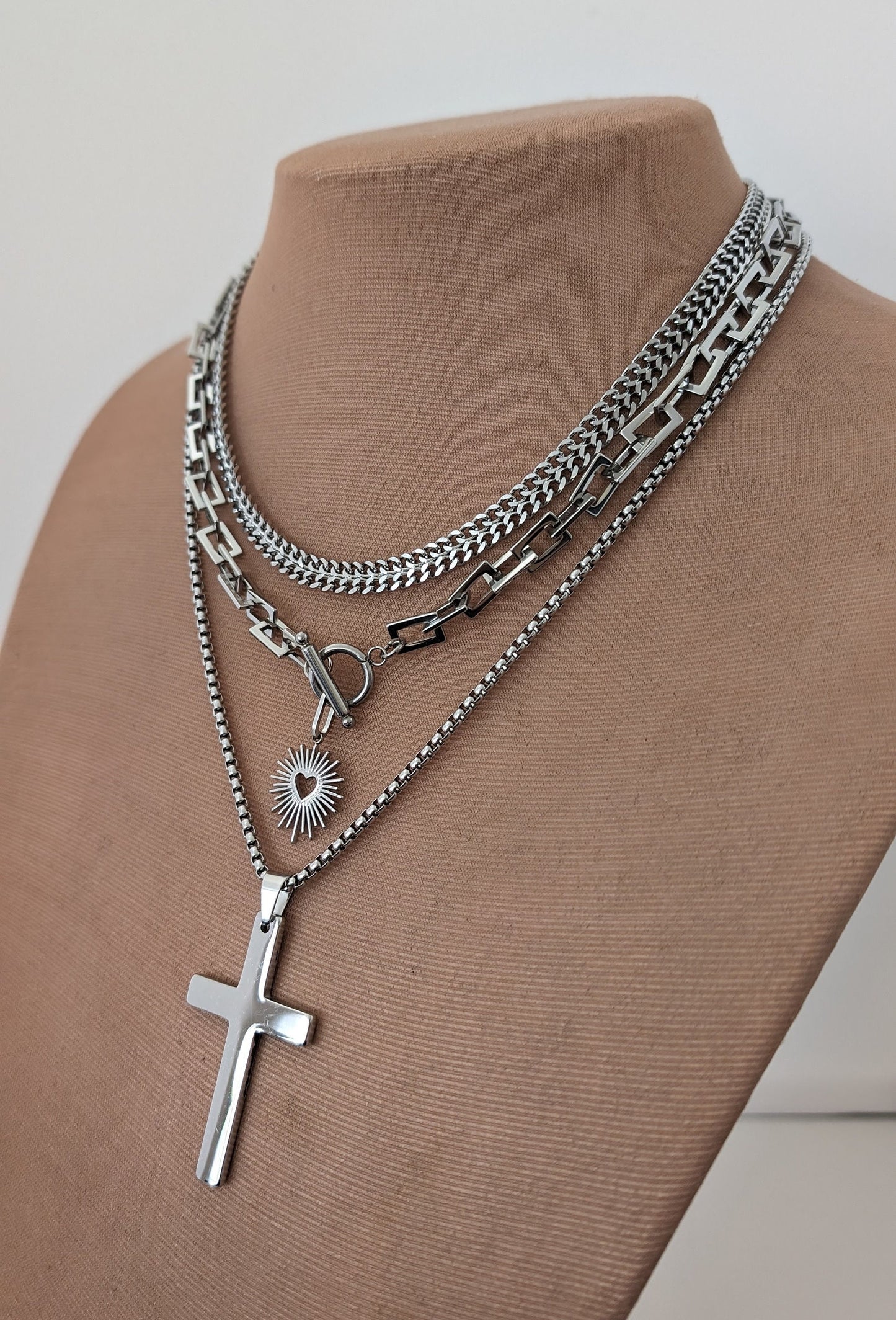 Multi layer silver chunky chain necklace set, sacred heart charm,  boho stacked statement necklace, long layered cross pendant necklace